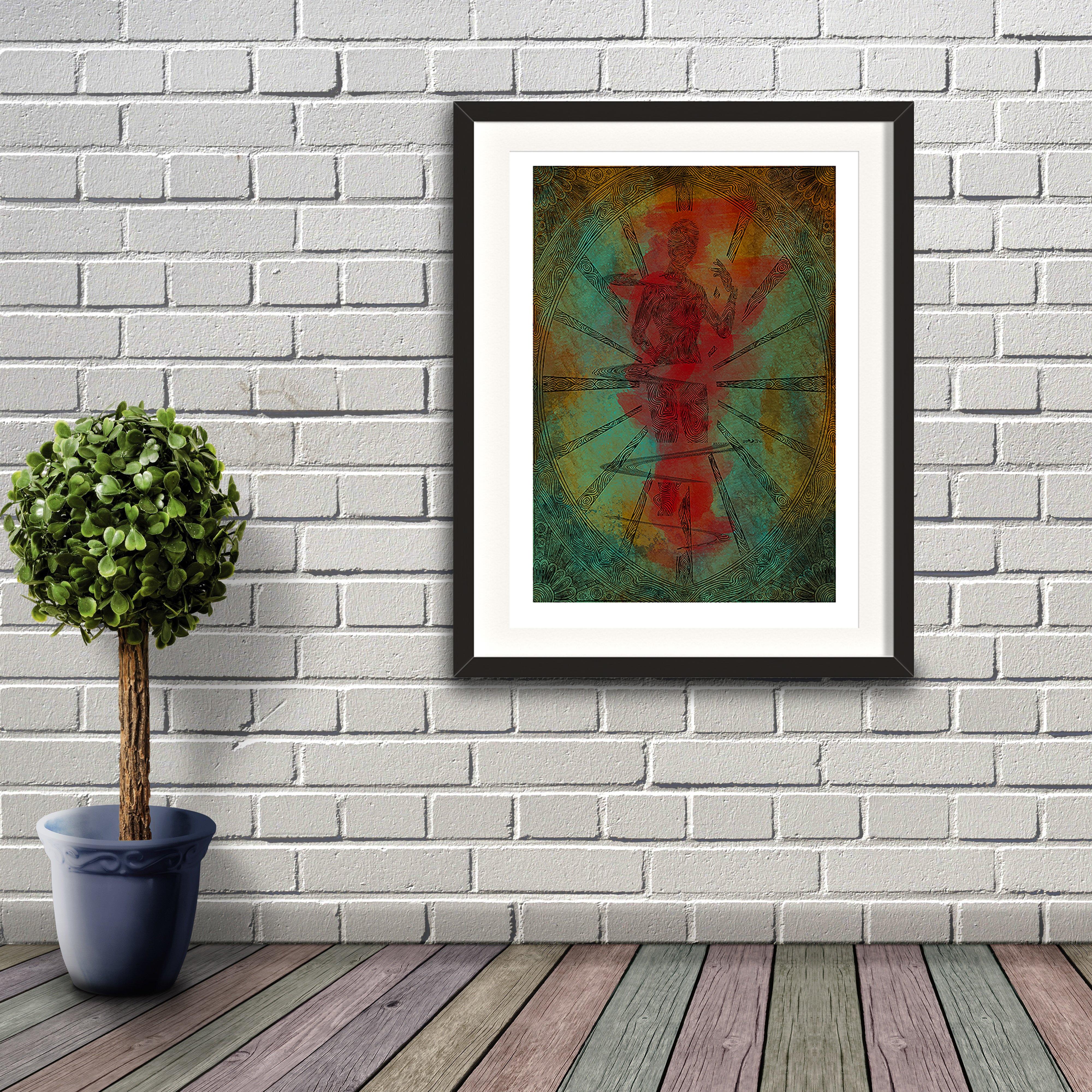 A digital painting by Lily Bourne printed on eco fine art paper titled Lifelines showing a black lined oval shape with a black lined figure within overcoloured in red and green. Artwork shown in a black frame hanging on a brick wall.