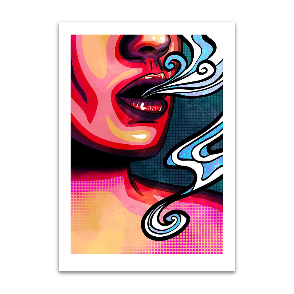 A pop art styled digital painting by Lily Bourne printed on eco fine art paper titled Emanate showing the mouth of a female exhaling breath.