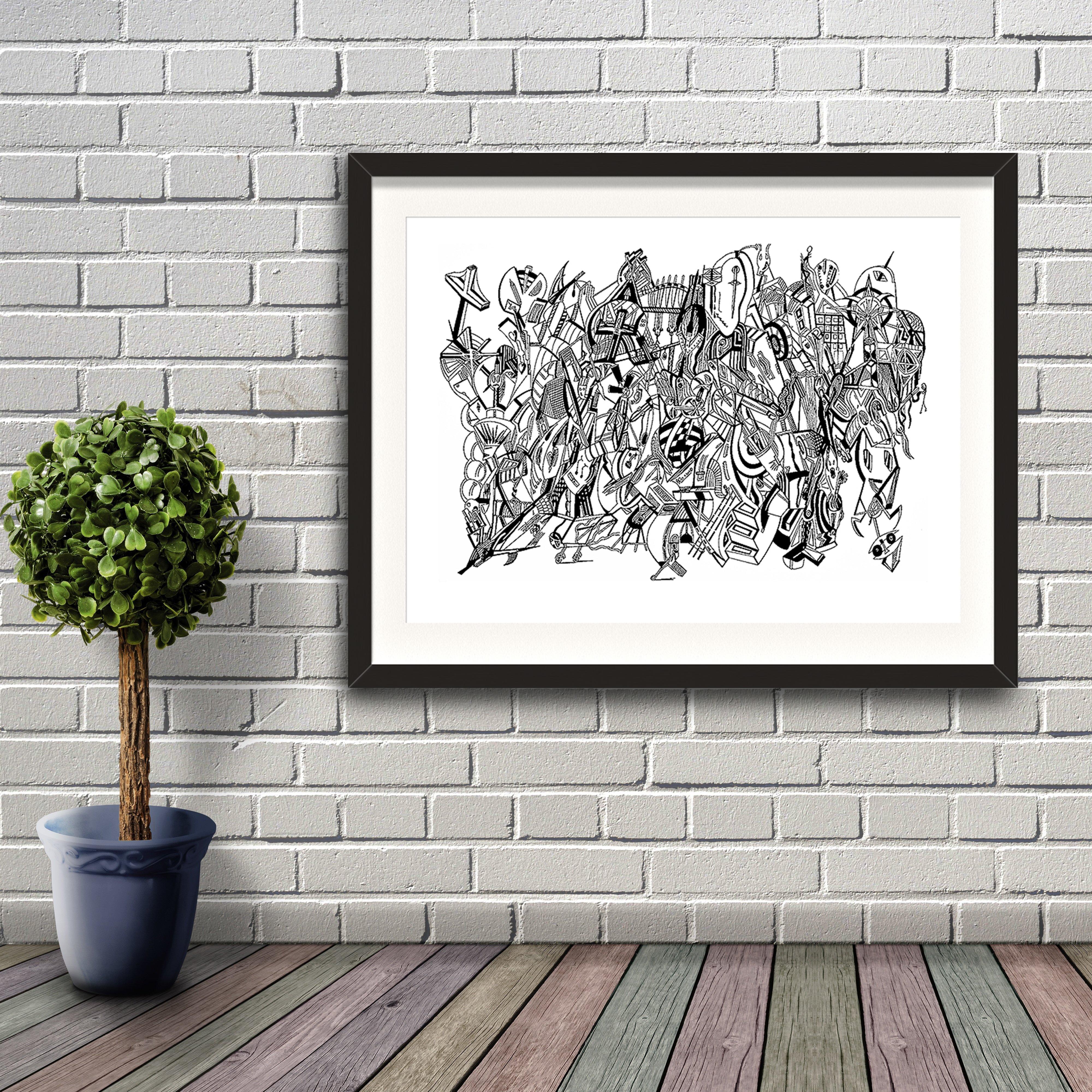 A fine art print from Jason Clarke titled Crosses drawn with a black Pentel pen. Artwork shown in a black frame hanging on a brick wall.