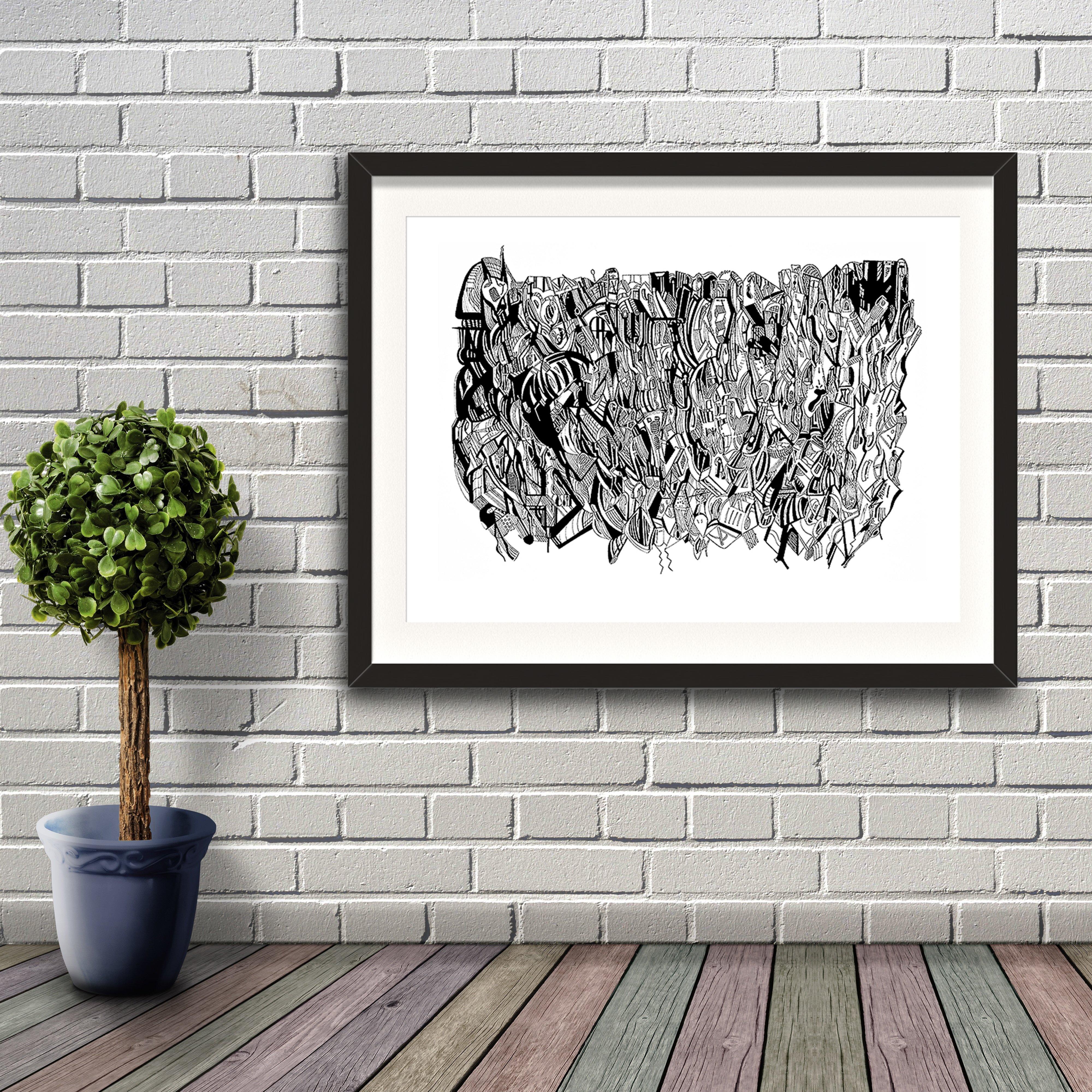 A fine art print from Jason Clarke titled Nightmare drawn with a black Pentel pen. Artwork shown in a black frame hanging on a brick wall.