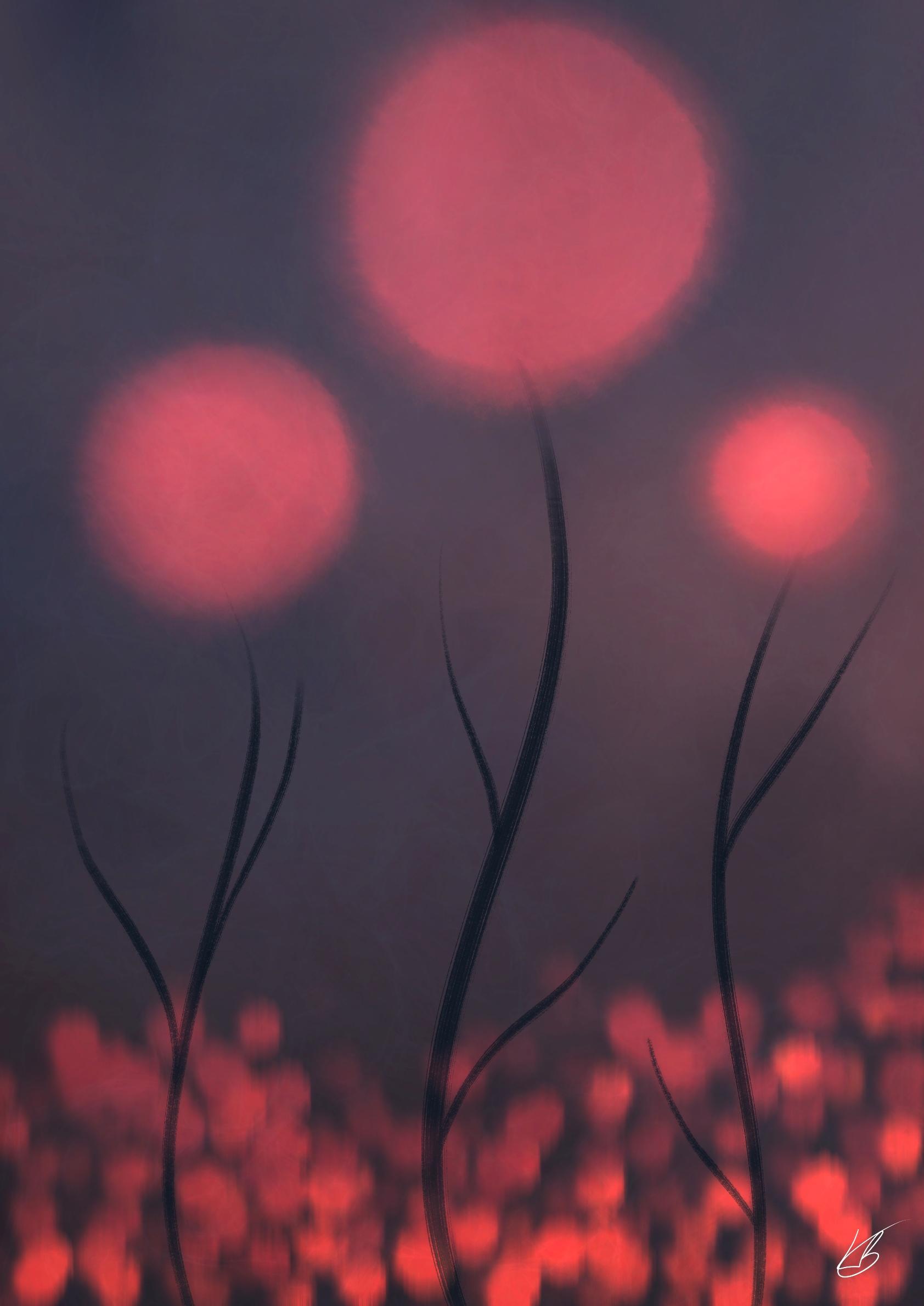 An abstract digital painting by Lily Bourne titled Ember Flowers. A red themed artwork with red ball flowers shown at dusk.