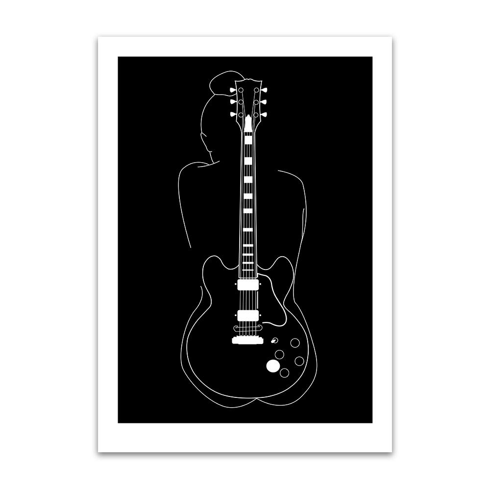 A digital illustration by Clarrie-Anne giclée printed on eco fine art paper titled Lucille. Featuring a white line outline of a female and the Gibson guitar of BB King with a black background.