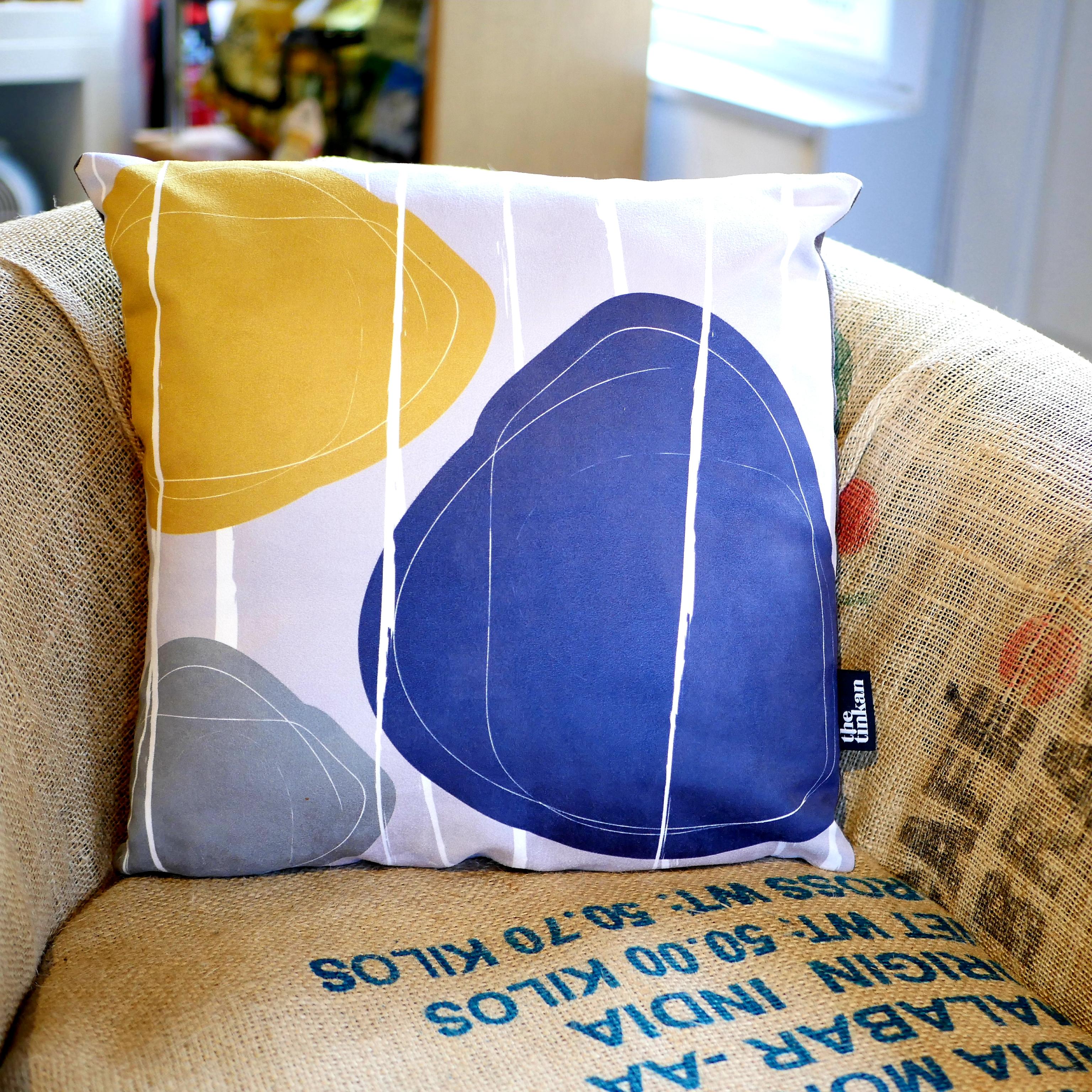 Blue, mustard yellow & grey faux suede soft feel Abstract Pebbles Cushion, 43cm square, with luxury inner pad designed by thetinkan. VIEW PRODUCT >>