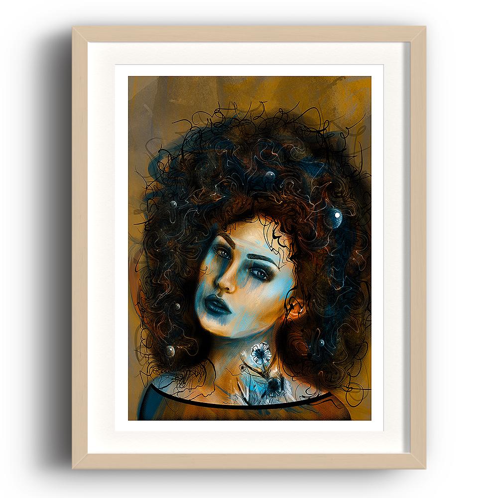 A digital painting called Art Posed 1 by Lily Bourne showing a female head with enormous curly hair and a white tattoo flower on her neck and decorations in her hair. The image is set in a beech coloured picture frame.