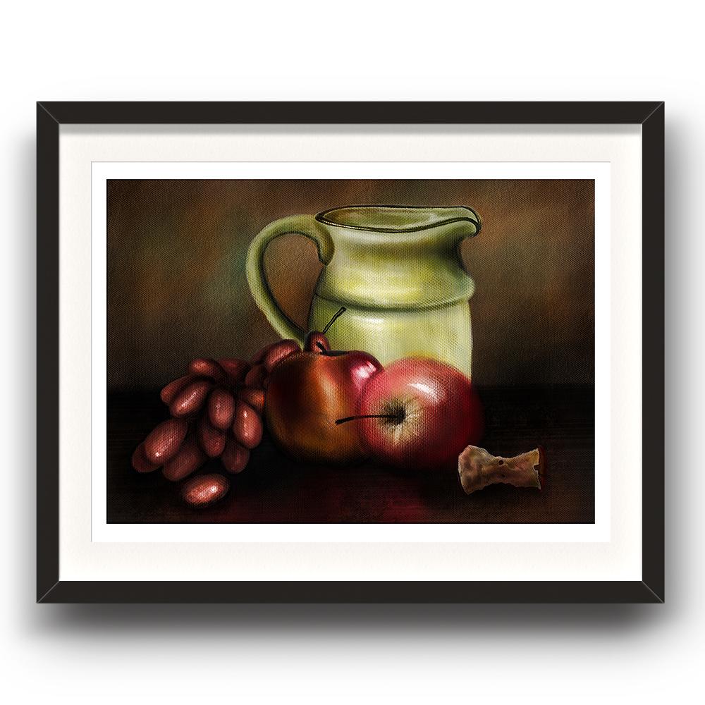 A digital painting called Still Life 1.0 by Lily Bourne showing a jug, a bunch of grapes and apples set on a table with an apple core.  The image is set in a black coloured picture frame.