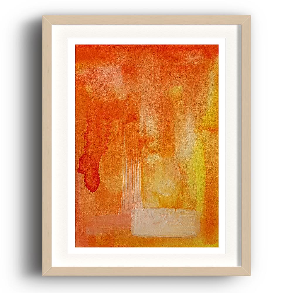 A watercolour print by Clarrie-Anne on eco fine art paper titled A Better Tomorrow showing an orange wash with brushstrokes of a neutral colour. The image is set in a beech coloured picture frame.