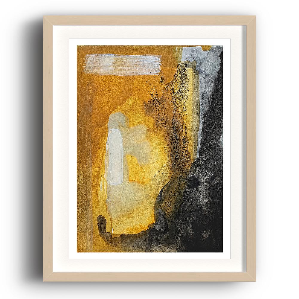 An abstract watercolour print by Clarrie-Anne on eco fine art paper titled Look Closer showing bold brush strokes and watercolour shapes in ochre and black. The image is set in a beech coloured picture frame.  An abstract watercolour print by Clarrie-Anne on eco fine art paper titled Look Closer showing bold brush strokes and watercolour shapes in ochre and black. The image is set in a beech coloured picture frame.