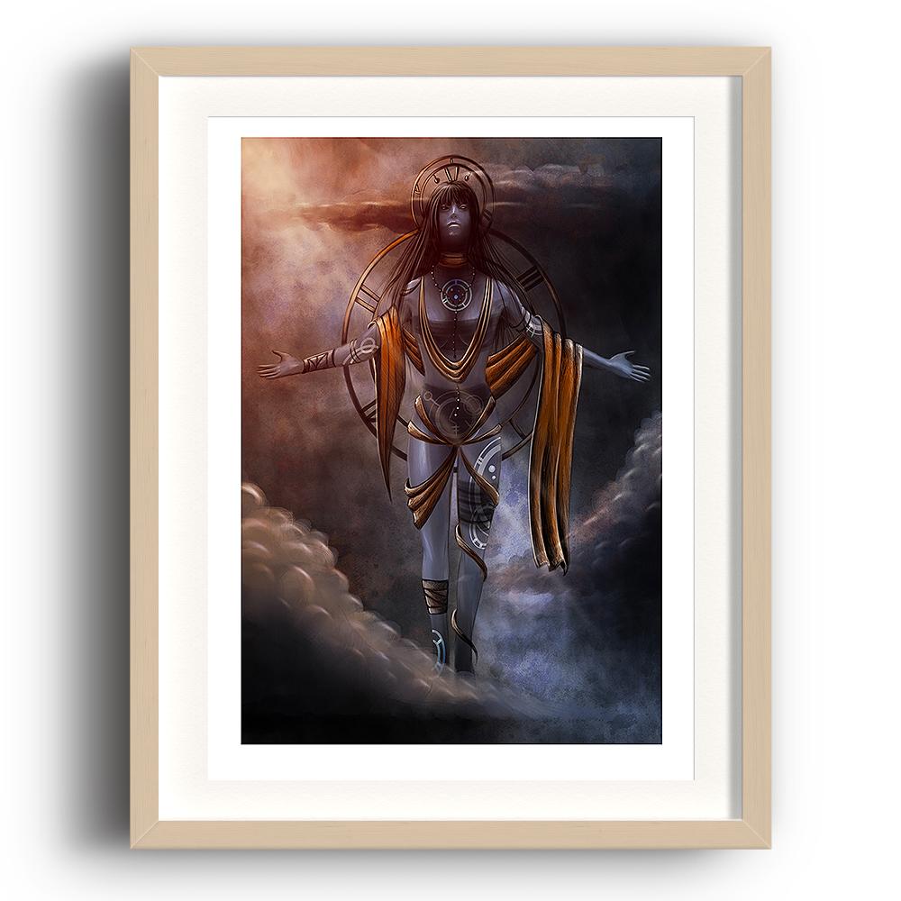 A digital painting by Lily Bourne printed on eco fine art paper titled Celestial shows a floating abstrate woman floating with symbols in a cross pose.  The image is set in a beech coloured picture frame.