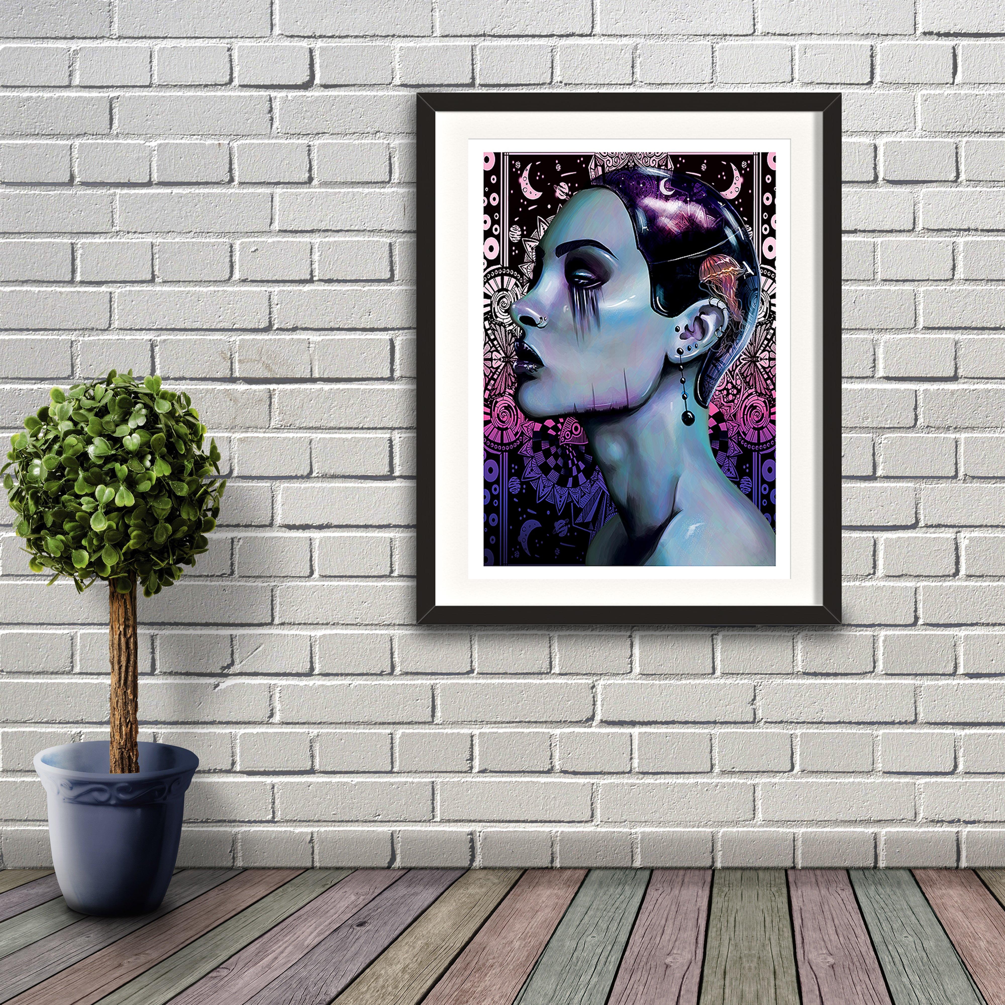 A digital painting called Depth by Lily Bourne a lilac image of a lady with a stenciled background. The lady wears a a tight skull cap with a jelly fish on it. The lady has artisitc makeup. Artwork shown in a black frame on a brick wall.