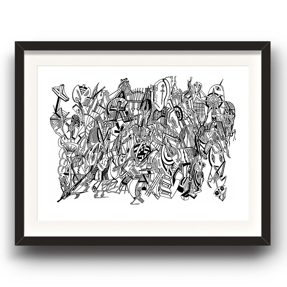 A fine art print from Jason Clarke titled Crosses drawn with a black Pentel pen. The image is set in a black coloured picture frame.