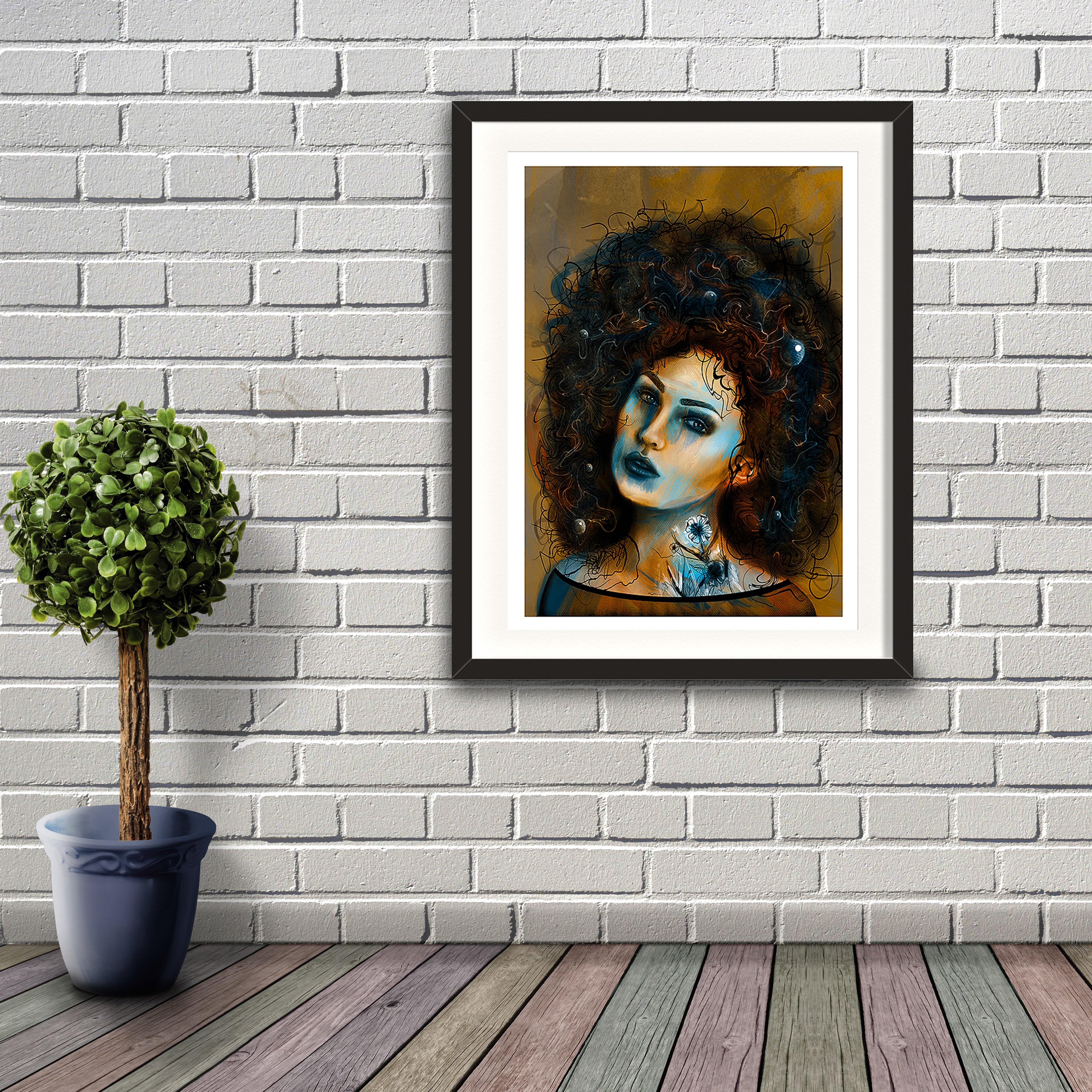 A digital painting called Art Posed 1 by Lily Bourne showing a female head with enormous curly hair and a white tattoo flower on her neck and decorations in her hair. Artwork shown in a black frame hanging on a brick wall.