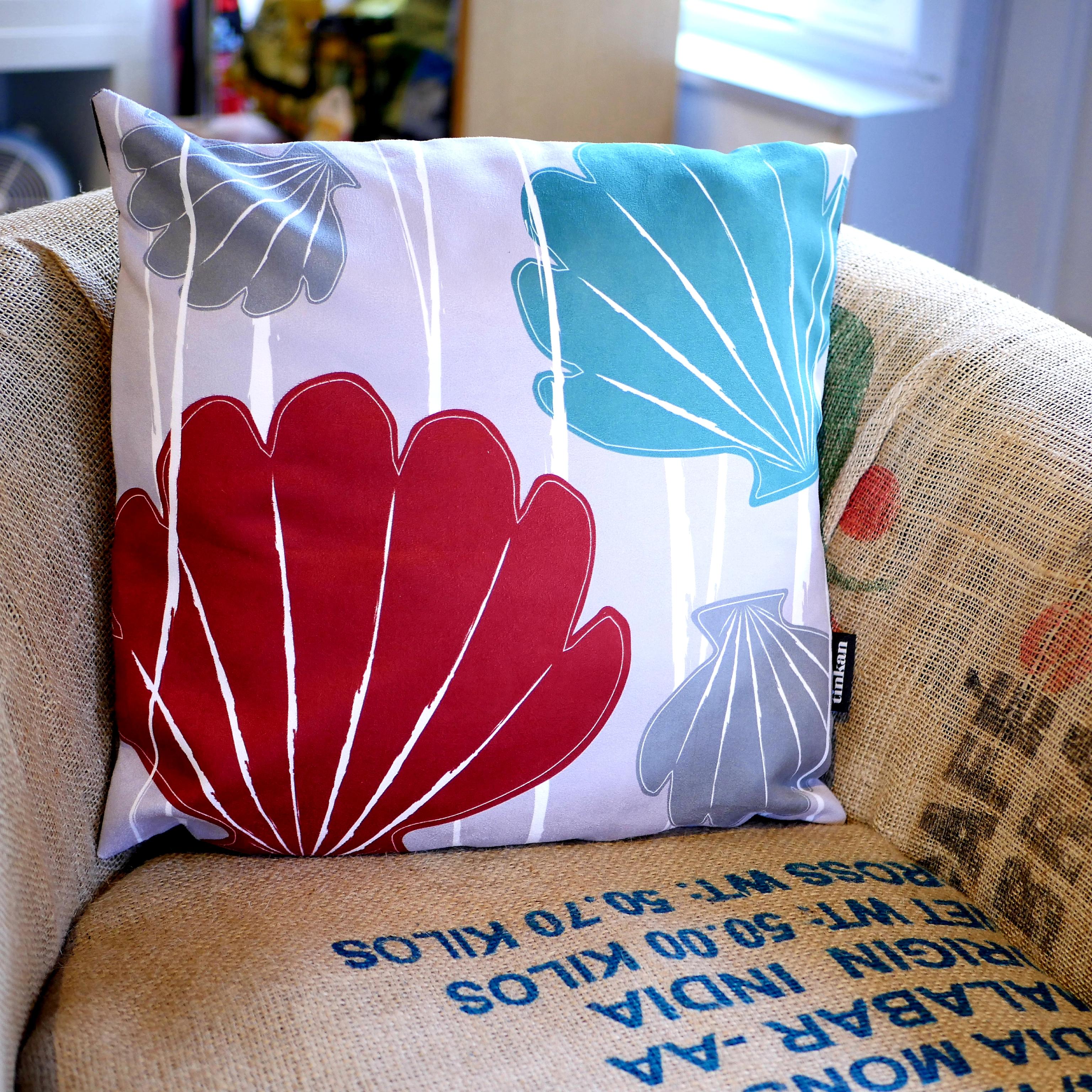 Aqua teal, red & grey faux suede soft feel Abstract Shells Cushion, 43cm square, with luxury inner pad designed by thetinkan. VIEW PRODUCT >>