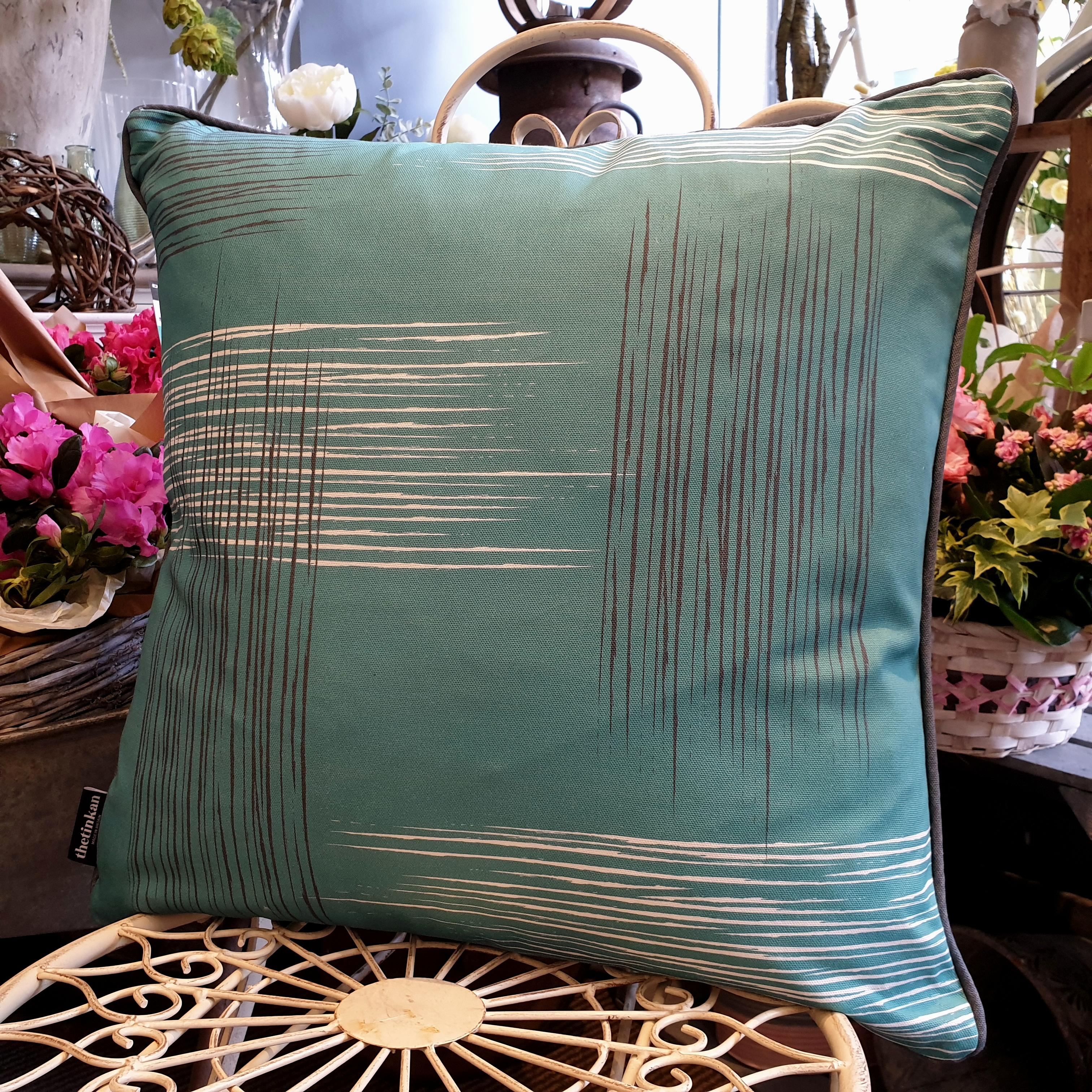 Double-sided aqua teal 51cm square retro themed cushion with artistic grey and white shards and grey handcrafted piping designed by thetinkan. Available with an optional luxury cushion inner pad. VIEW PRODUCT >>