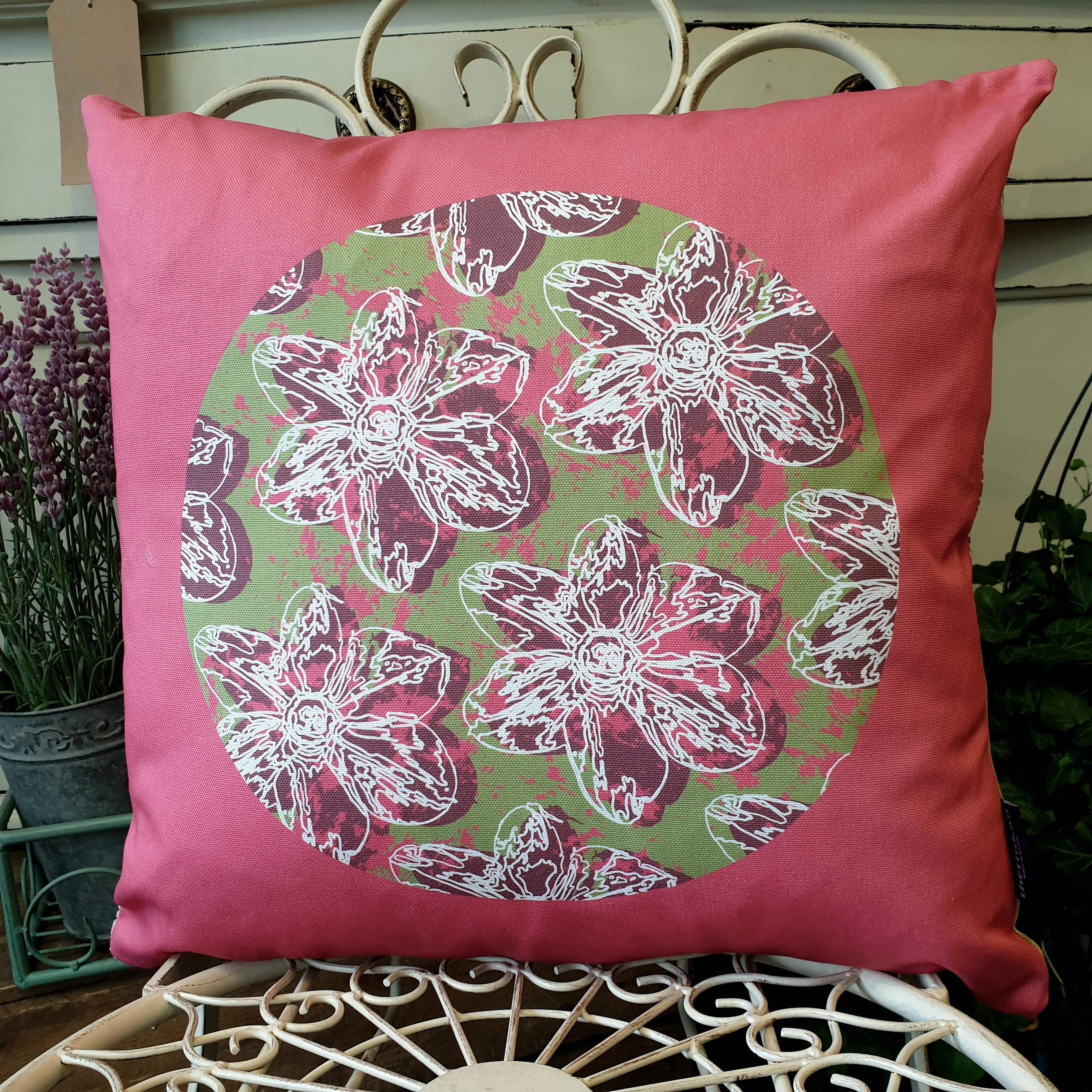 Double-sided 45cm square Flower Splash cushion designed by thetinkan. Dark Red narcissus flower with white traced outline set in an olive green coloured circle with salmon pink paint splashes and salmon pink surround. Available with an optional luxury cushion inner pad. VIEW PRODUCT >>