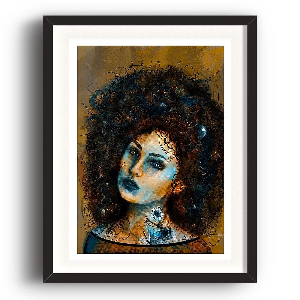 A digital painting called Art Posed 1 by Lily Bourne showing a female head with enormous curly hair and a white tattoo flower on her neck and decorations in her hair. The image is set in a black coloured picture frame.