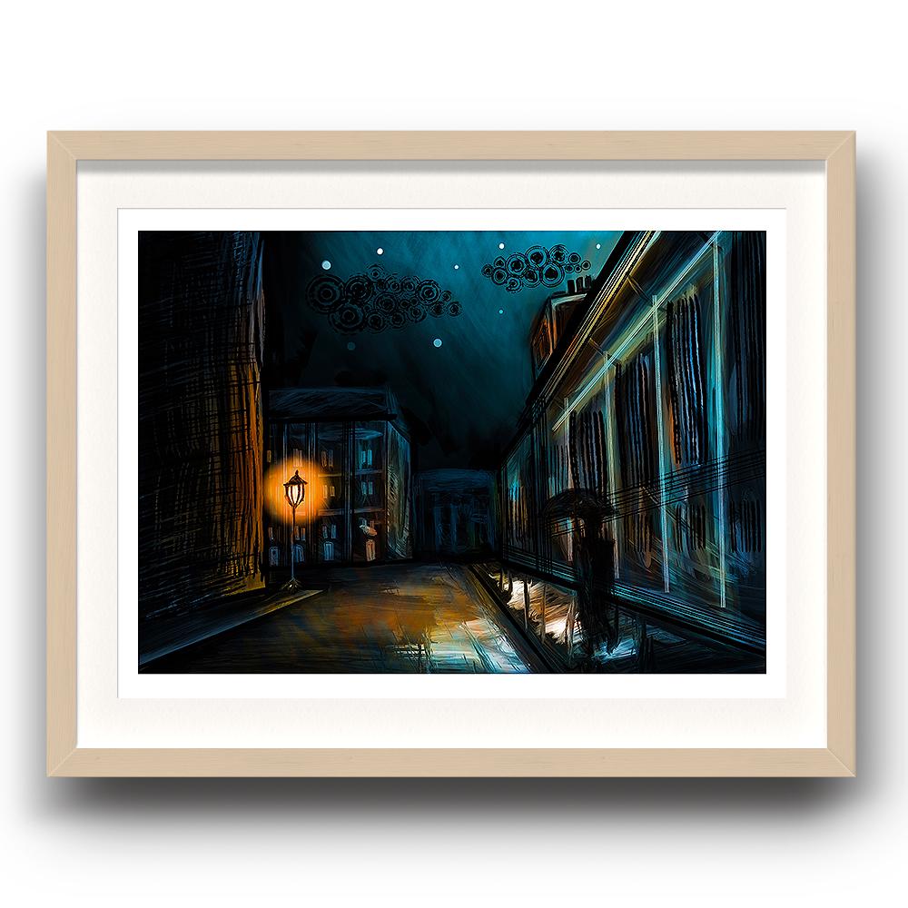 A digital painting called November Footsteps by Lily Bourne showing nighttime in Edinburgh as a man walks in the shadows with an umbrella raised to stop the drips from the building after a late night shower. The image is set in a beech coloured picture frame.