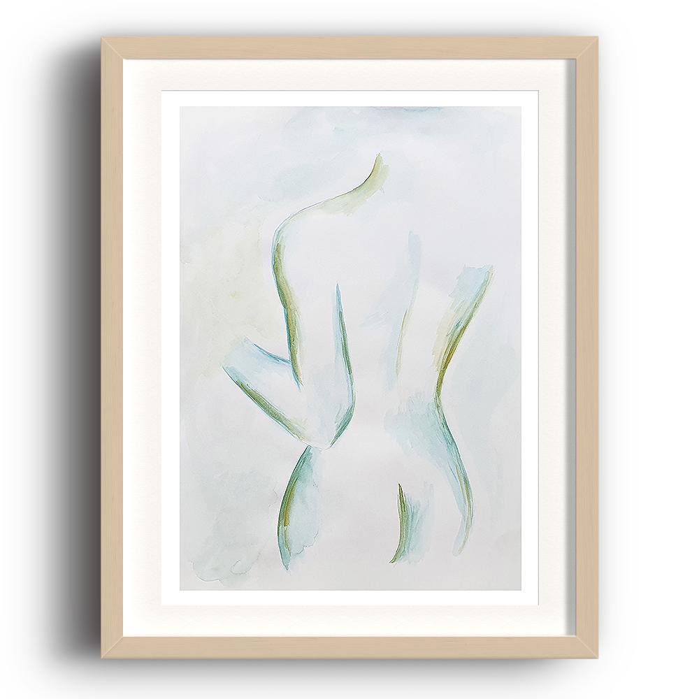 A watercolour print by Clarrie-Anne on eco fine art paper titled Into The Unknown showing a neutral coloured wash background and the outline of a naked woman from the rear in blue and ocre. The image is set in a beech coloured picture frame.