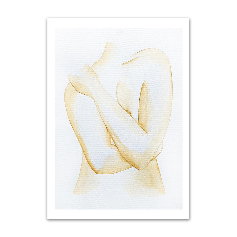 A watercolour print by Clarrie-Anne on eco fine art paper titled Hold Me showing a naked female with her hands across her chest covering her breasts. Creamy yellow in colour with white background.