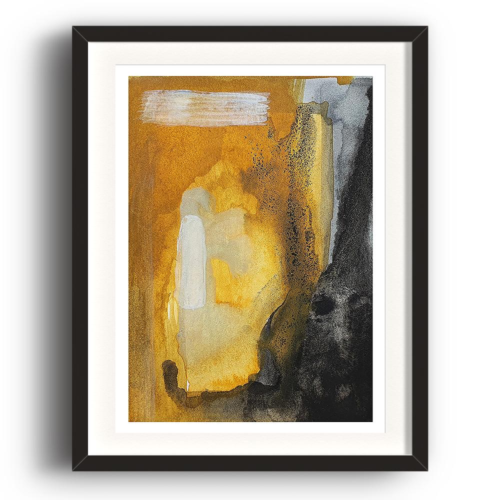 An abstract watercolour print by Clarrie-Anne on eco fine art paper titled Look Closer showing bold brush strokes and watercolour shapes in ochre and black. The image is set in a black coloured picture frame.