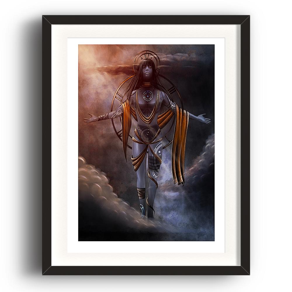 A digital painting by Lily Bourne printed on eco fine art paper titled Celestial shows a floating abstrate woman floating with symbols in a cross pose.  The image is set in a black coloured picture frame.