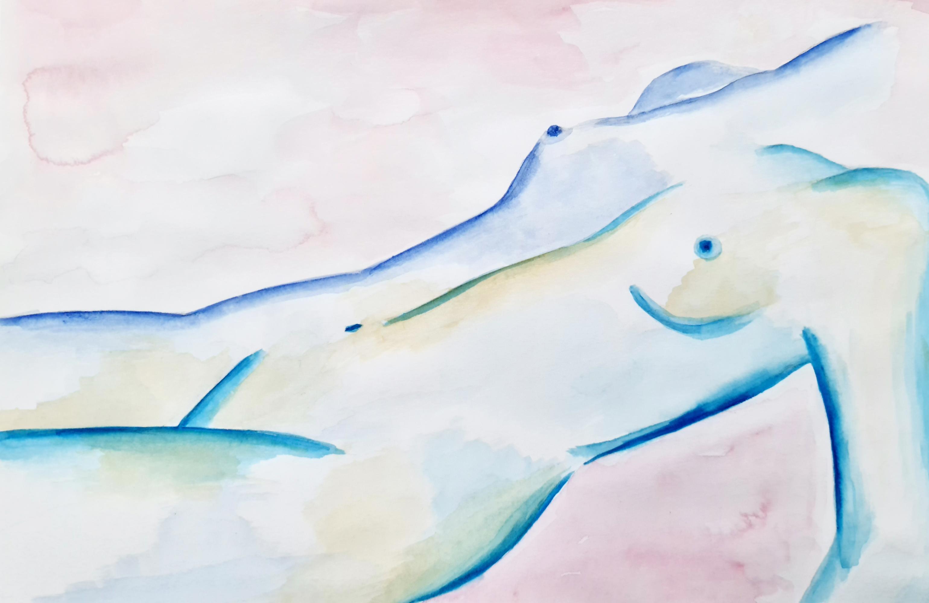 A watercolour print by Clarrie-Anne on eco fine art paper titled Subdued showing a pink wash background with a blue line naked female lying down.