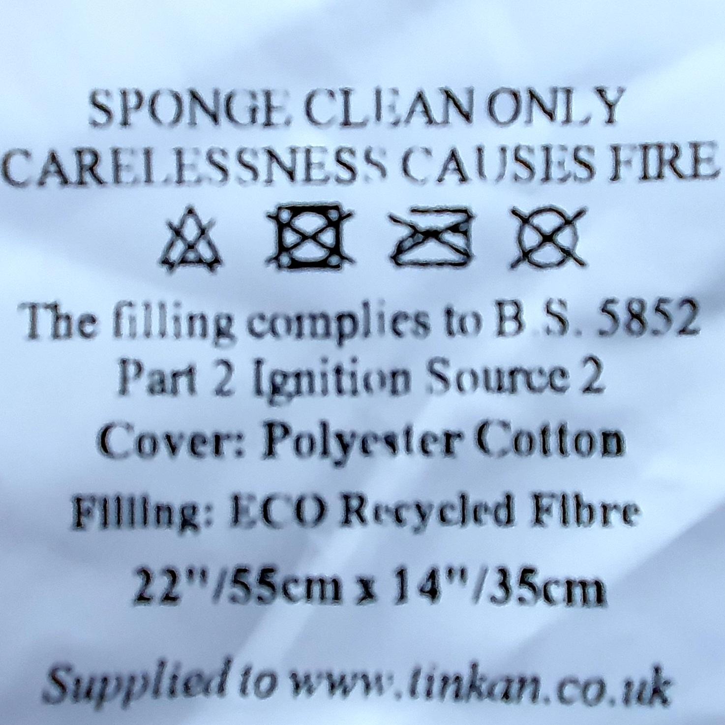 Care label for 55cm x 35cm cushion inner pad generously filled with Eco-Hollowfibre made from recycled plastic bottles in white poly cotton outer cover.