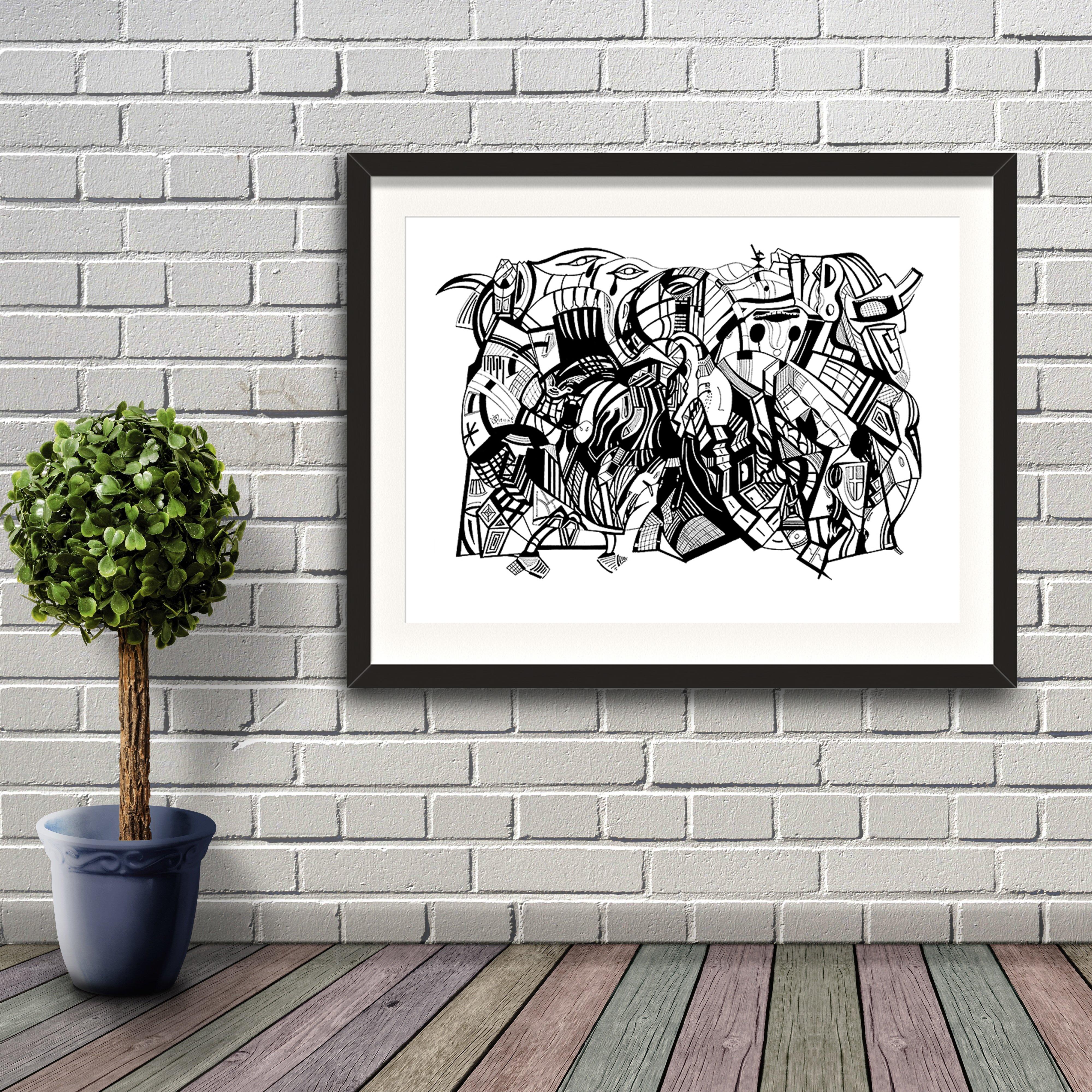 A fine art print from Jason clarke titled Teardrops drawn with a black Pentel pen. Artwork shown in a black frame hanging on a brick wall.