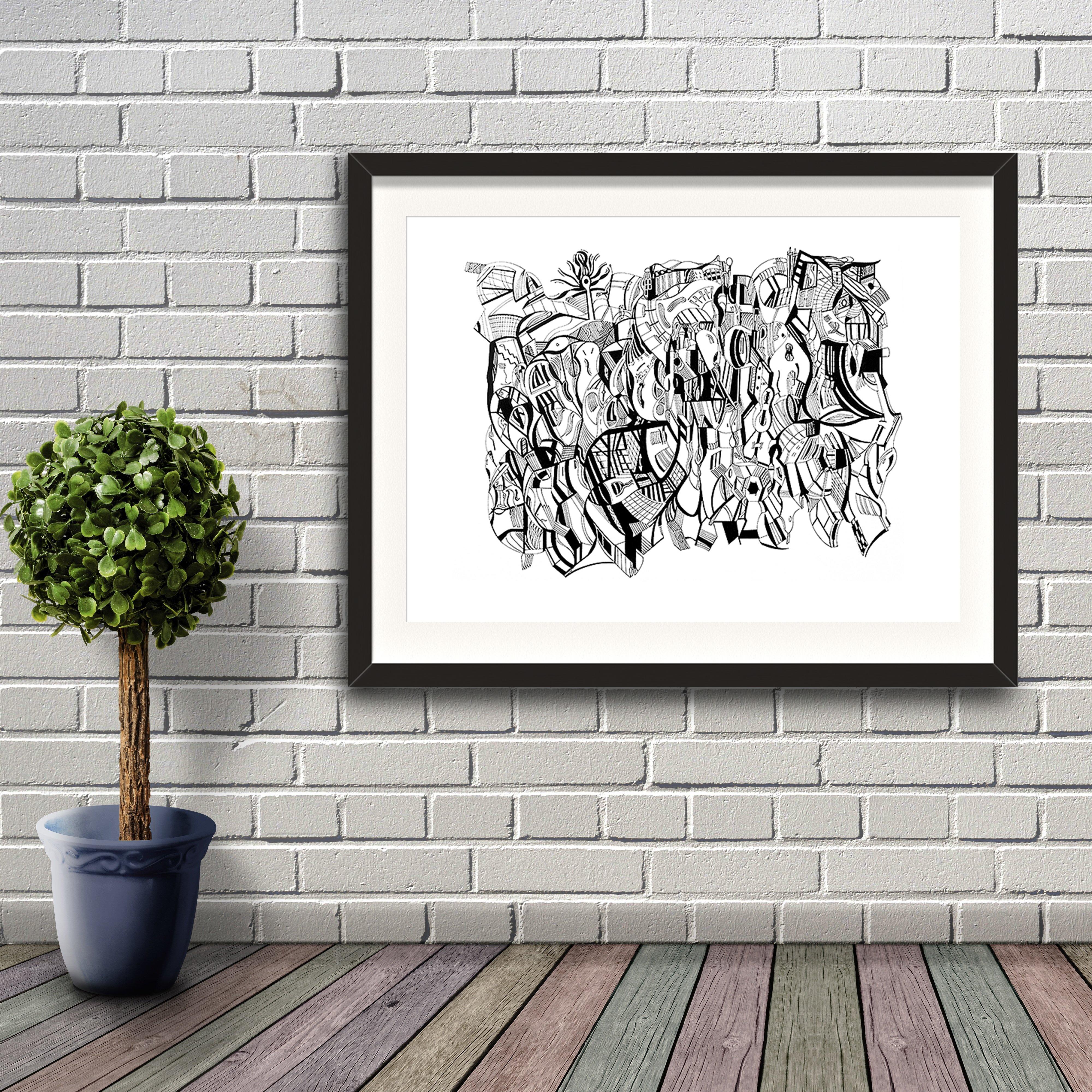 A fine art print from Jason Clarke titled Beacon drawn with a black Pentel pen. Artwork shown in a black frame hanging on a brick wall.
