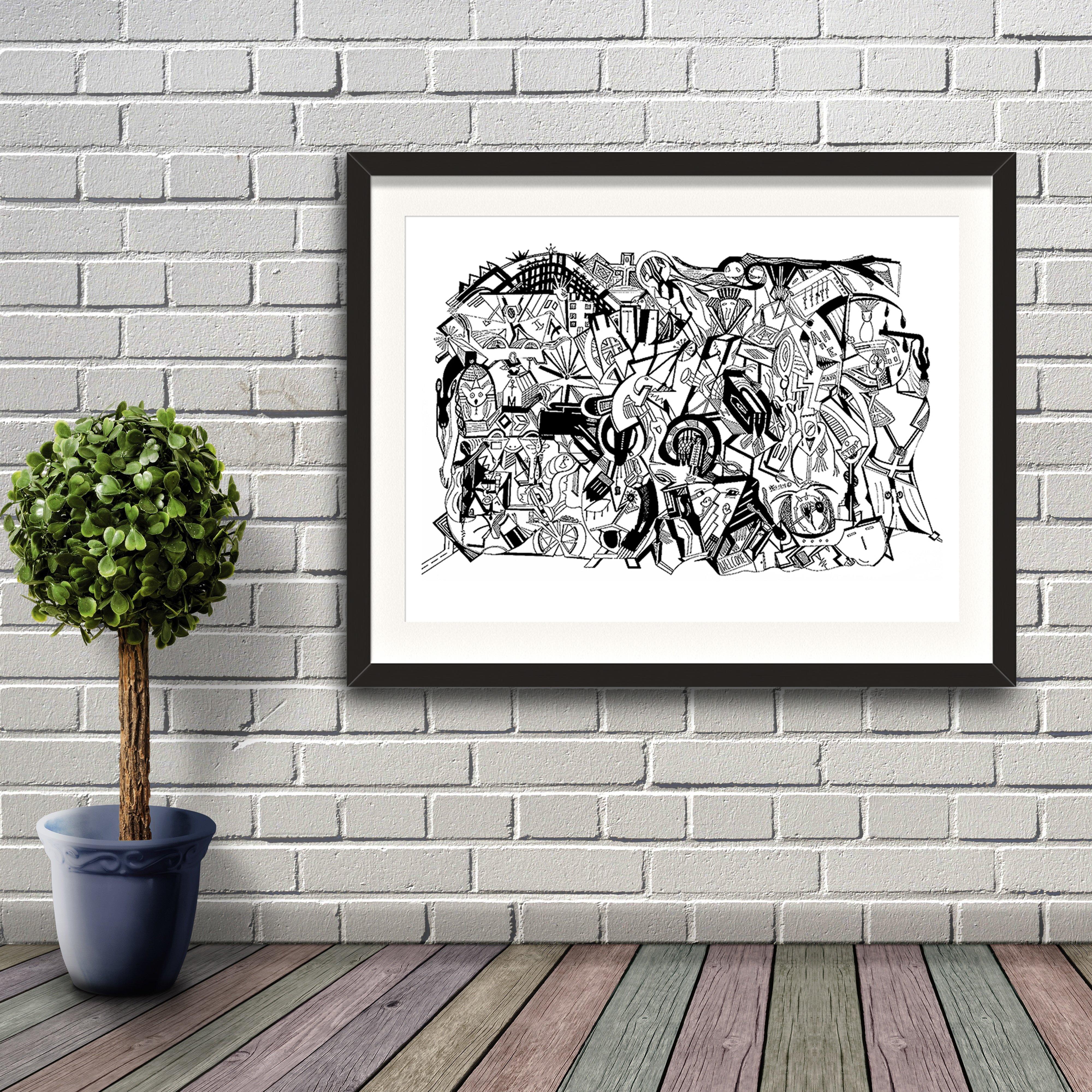 A fine art print from Jason Clarke titled Congestion drawn with a black Pentel pen. Artwork shown in a black frame hanging on a brick wall.