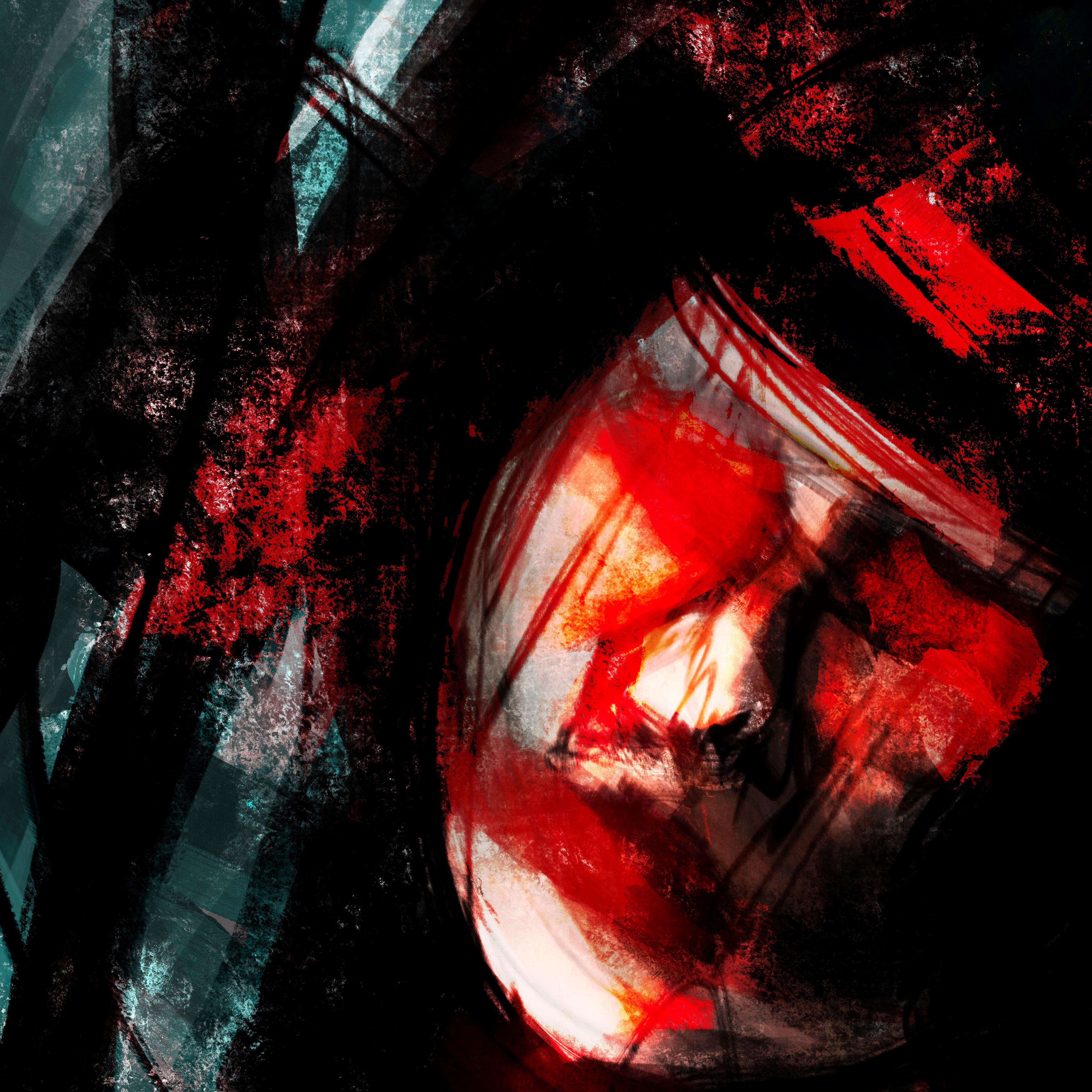 Close up of an abstract digital painting by Lily Bourne printed on eco fine art paper titled Tuned showing a female face amongst turquoise, black and red lines.
