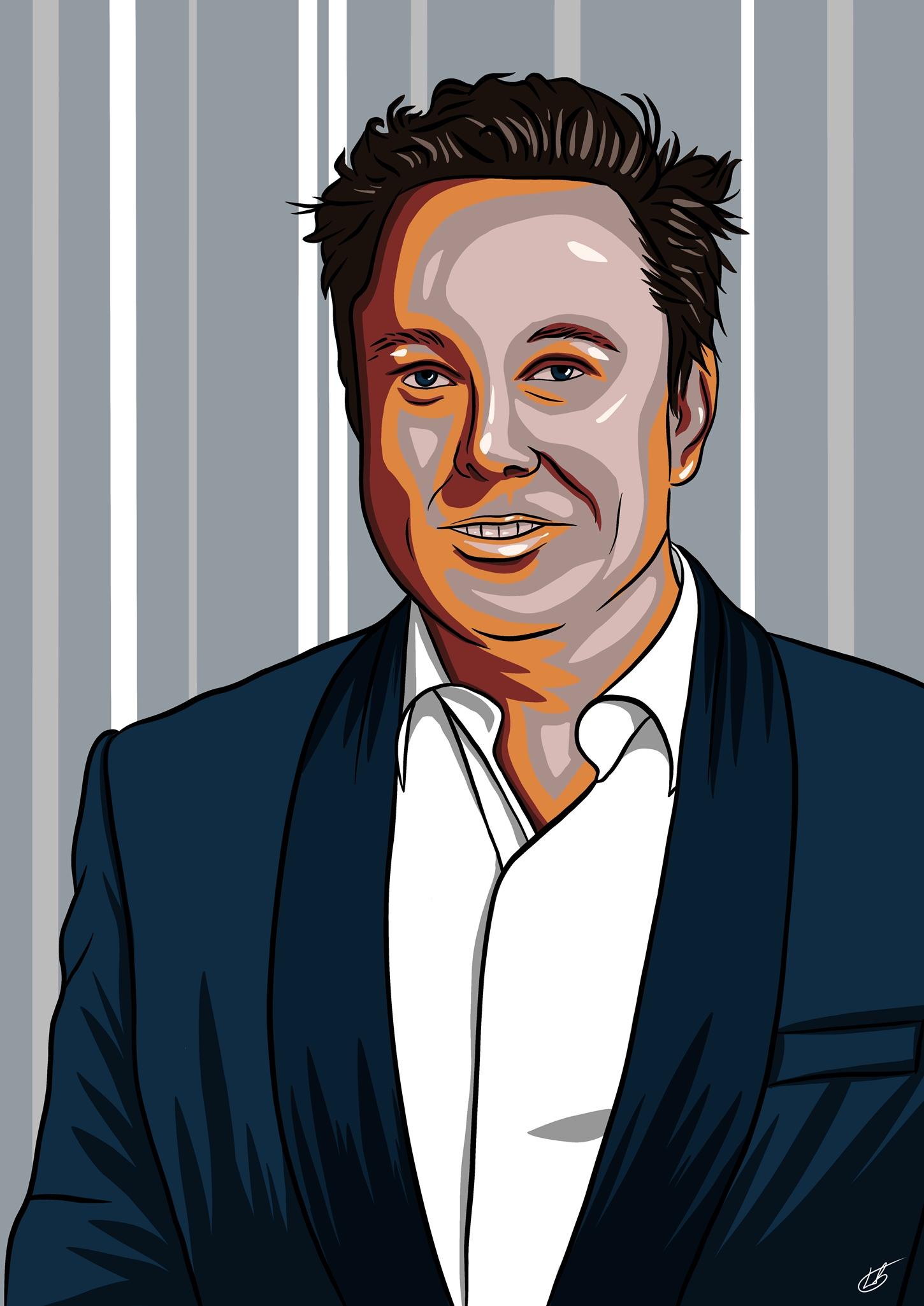A digital painting in the form of pop art by Lily Bourne of Elon Musk showing the entrepreneur confidently wearing a s