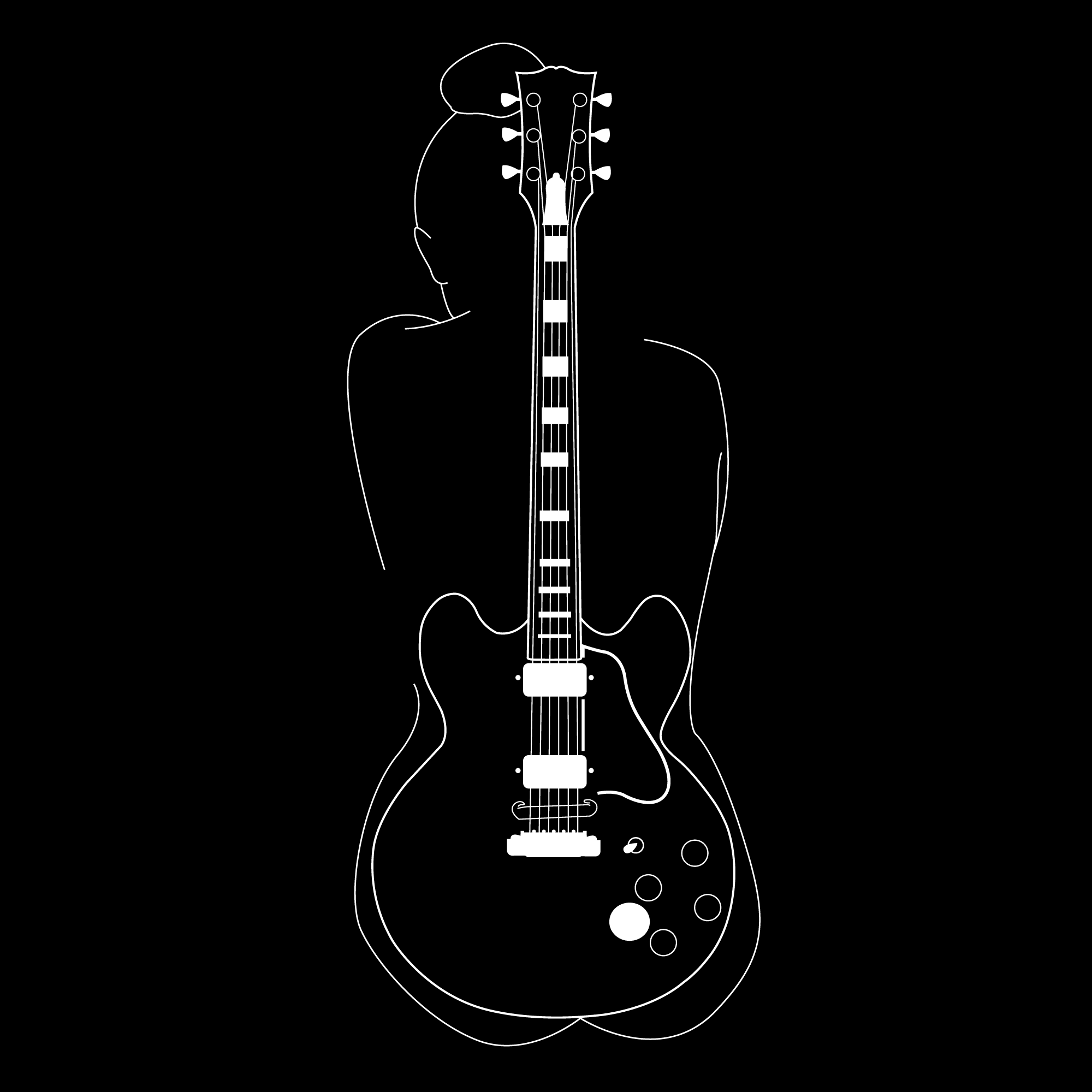 A digital illustration by Clarrie-Anne giclée printed on eco fine art paper titled Lucille. Featuring a white line outline of a female and the Gibson guitar of BB King with a black background.