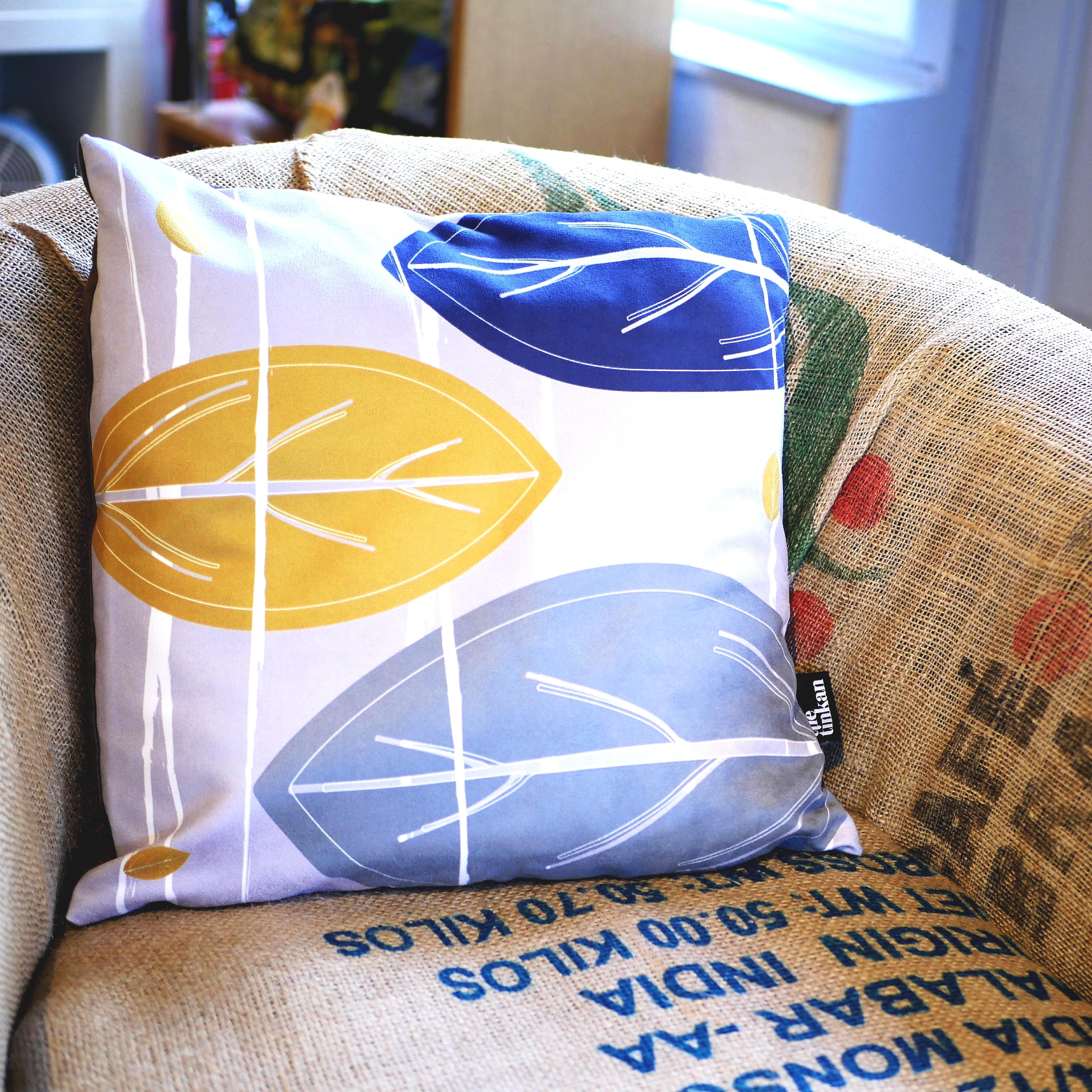 Blue, mustard yellow & grey faux suede soft feel Abstract Leaves Cushion, 43cm square, with luxury inner pad designed by thetinkan. VIEW PRODUCT >>