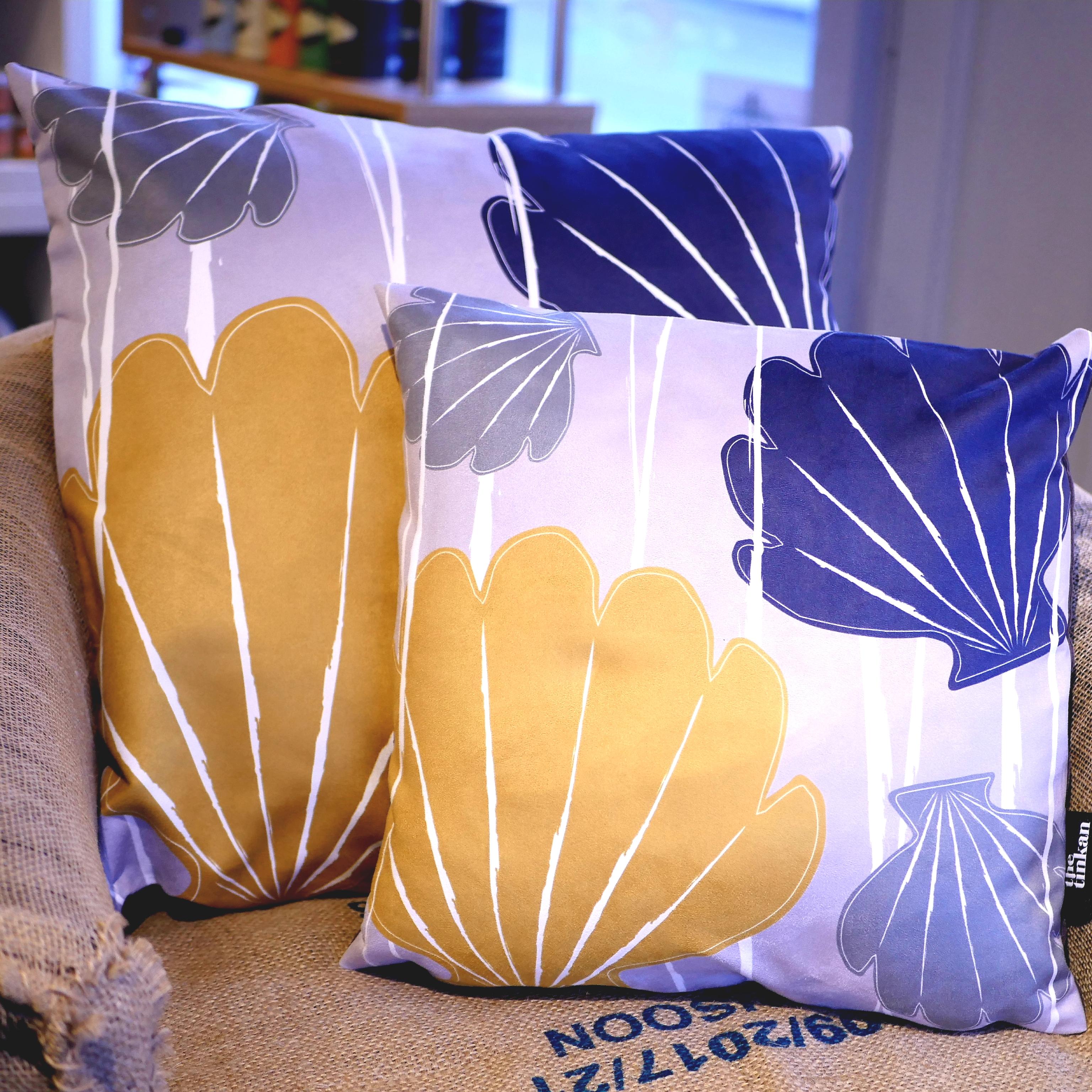 Blue, mustard yellow & grey faux suede soft feel Abstract Shells Cushions, 43cm & 57cm square, with luxury inner pads designed by thetinkan. VIEW PRODUCT >>