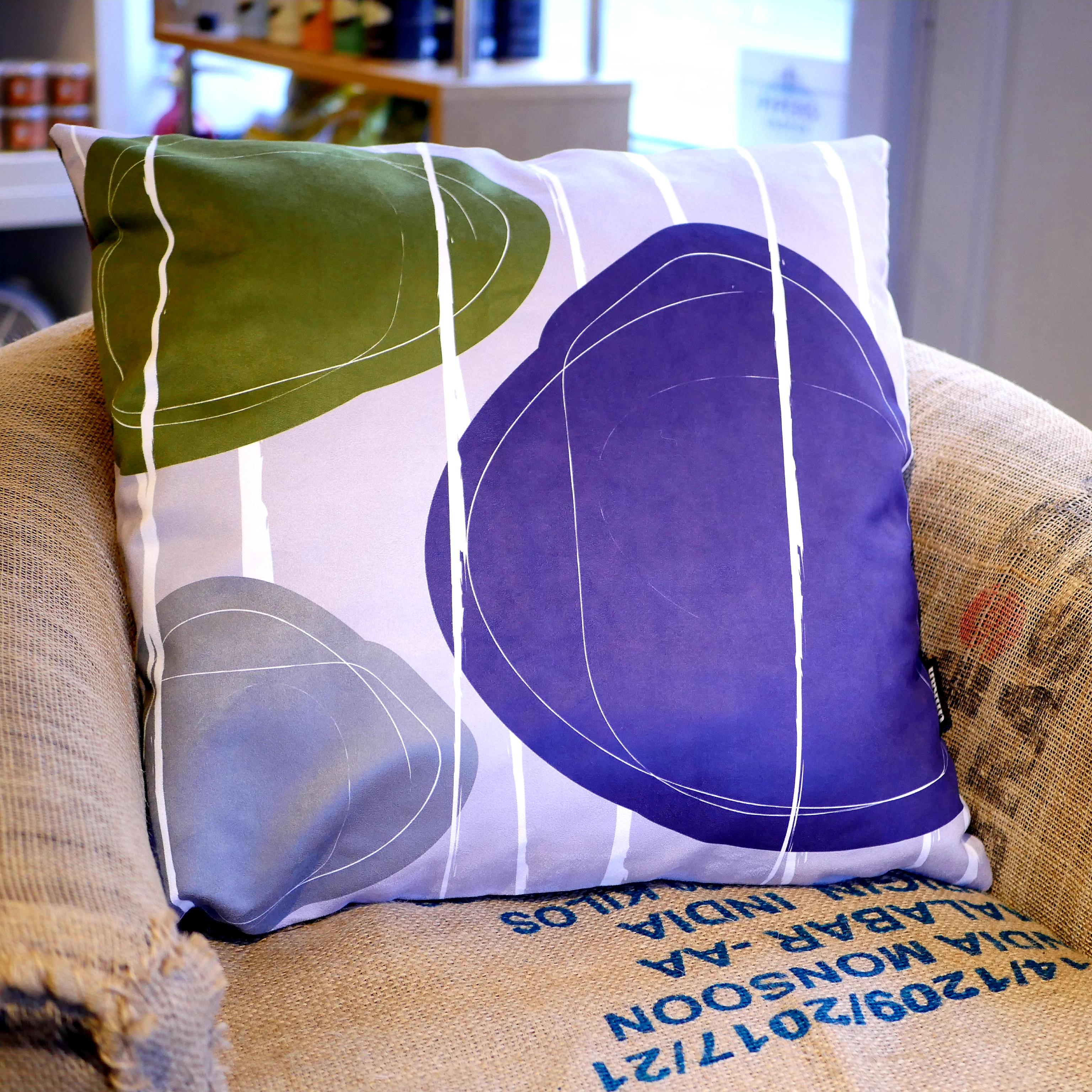 Purple, olive green & grey faux suede soft feel Abstract Pebbles Cushion, 57cm square, with luxury inner pad designed by thetinkan. VIEW PRODUCT >>