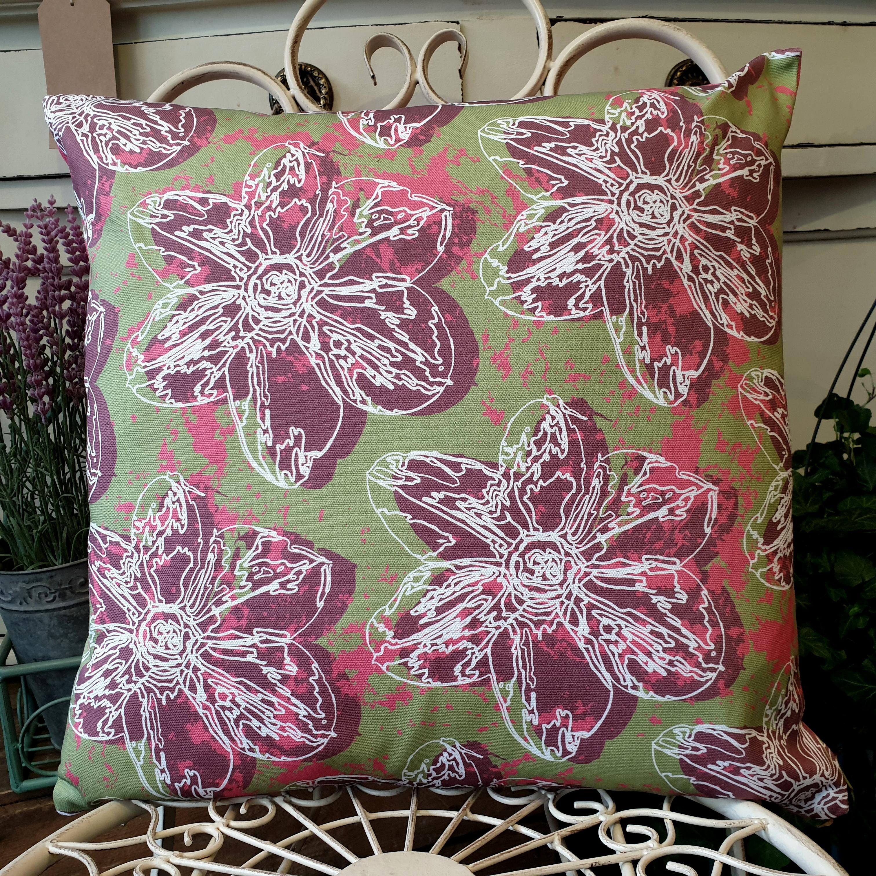 Double-sided 45cm square Flower Splash cushion designed by thetinkan. Dark red narcissus flower with white traced outline set within an olive green background with salmon pink paint splashes. Available with an optional luxury cushion inner pad. VIEW PRODUCT >>