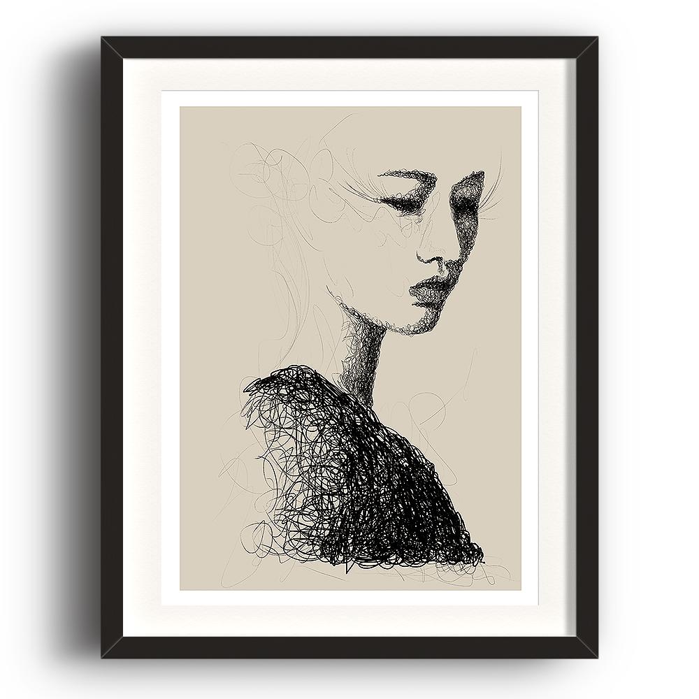 A digital painting called Line Study 1.0 by Lily Bourne showing a delicate female head contructed a swirling black line on a neutral background. The image is set in a black coloured picture frame.
