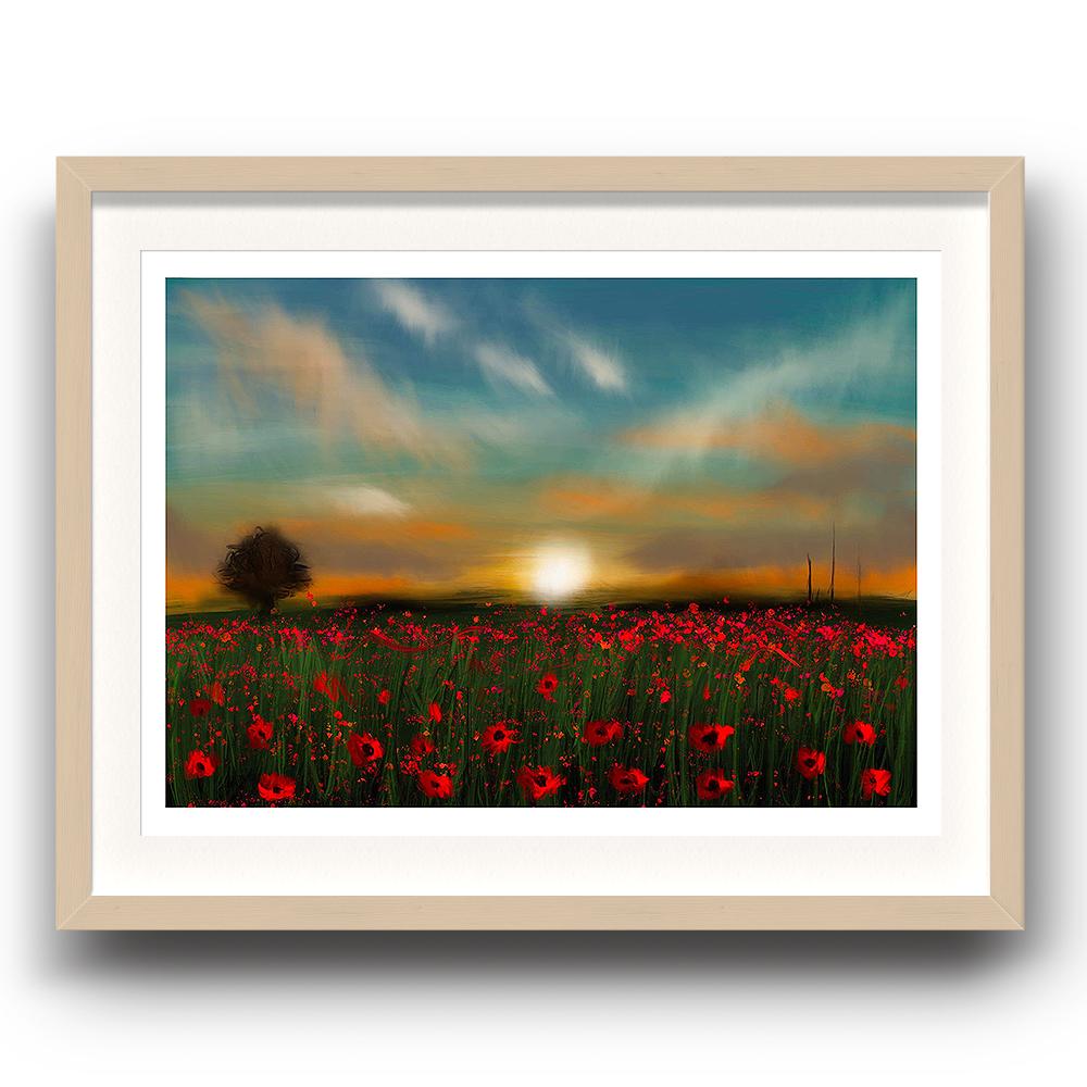 A digital painting called Poppy Sunset by Lily Bourne showing a field of poppies with the sunsetting in the background. The image is set in a beech coloured picture frame.
