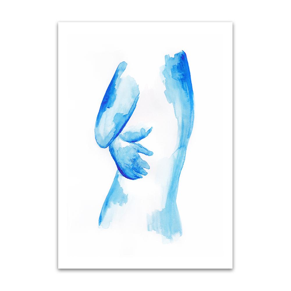 A watercolour print by Clarrie-Anne on eco fine art paper titled Cold Hands showing a blue painted side profile of a naked lady with her hands wrapped around herself.