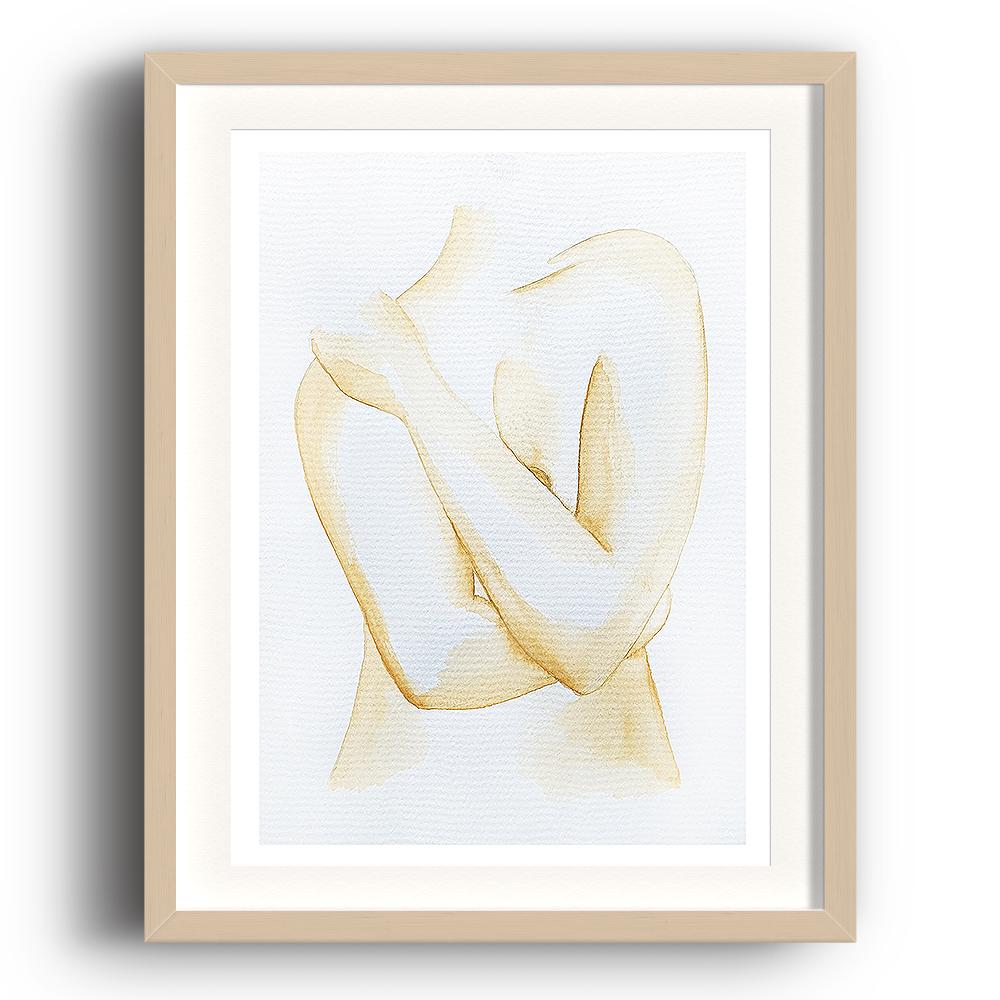 A watercolour print by Clarrie-Anne on eco fine art paper titled Hold Me showing a naked female with her hands across her chest covering her breasts. Creamy yellow in colour with white background. The image is set in a beech coloured picture frame.