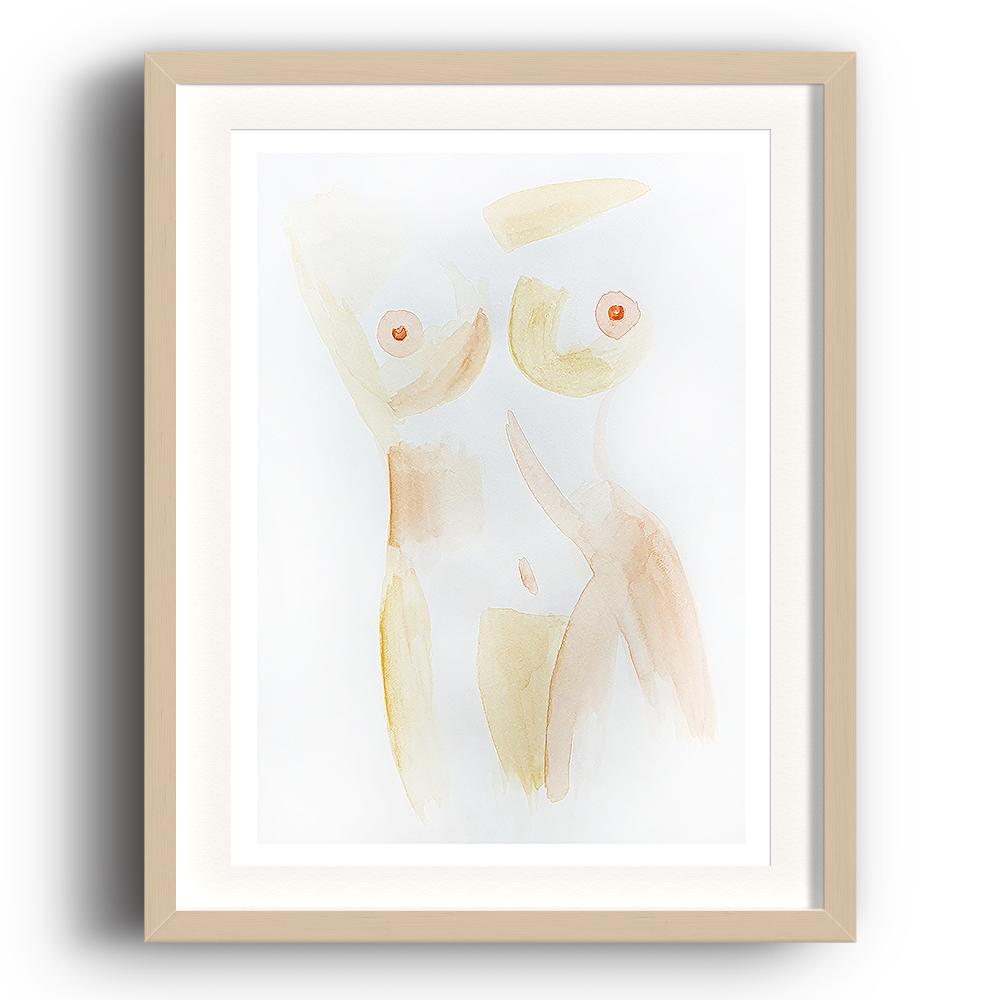 A watercolour print by Clarrie-Anne on eco fine art paper titled Lustful showing the naked breasts and stomach of a female coloured yellow. The image is set in a beech coloured picture frame.