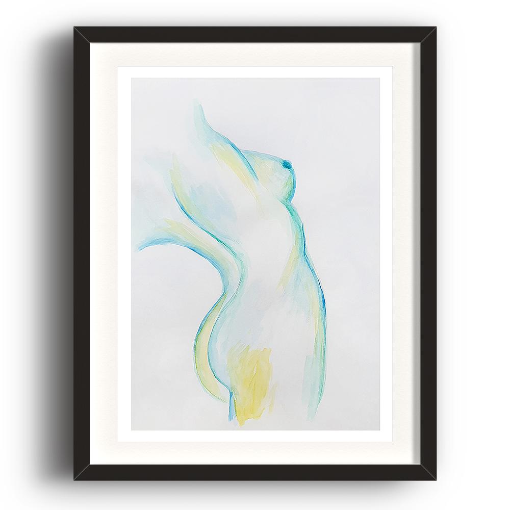 A watercolour print by Clarrie-Anne on eco fine art paper titled Stretch showing the sideview of a naked lady painted in turquoize blue and yellow. The image is set in a black coloured picture frame.