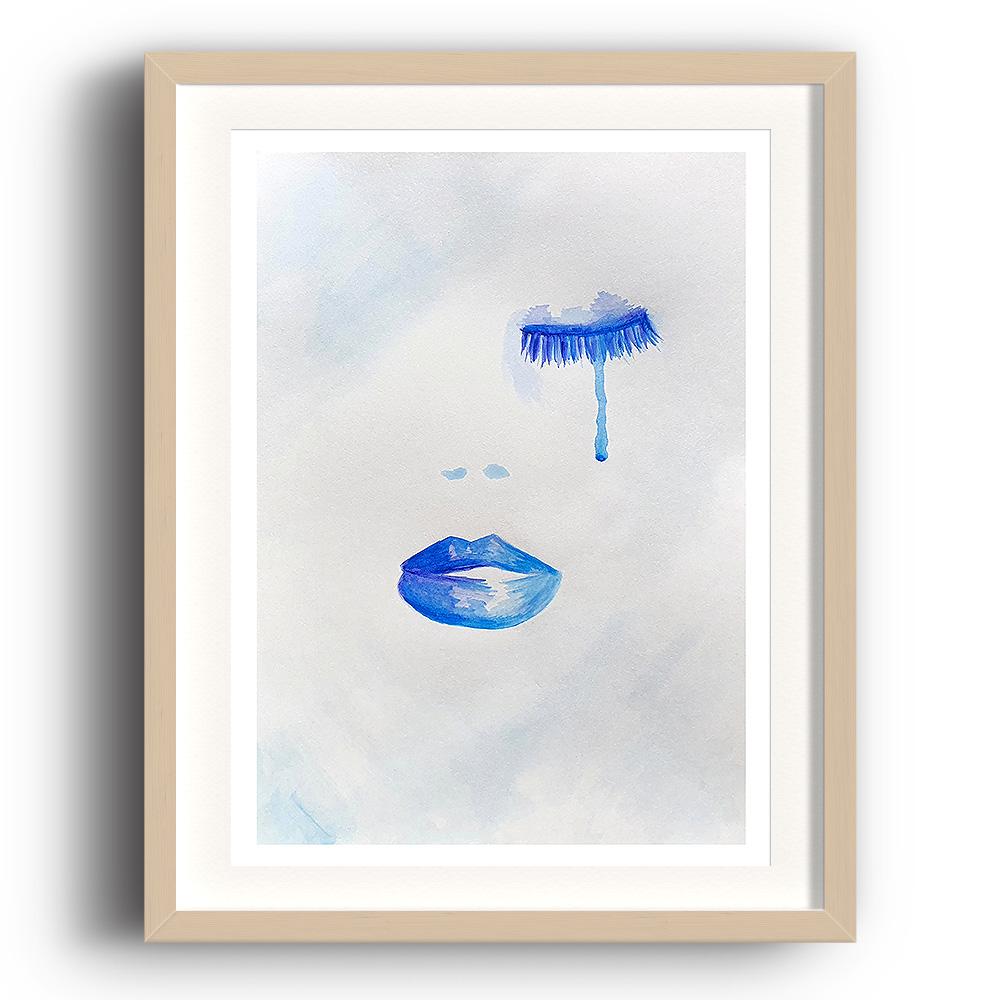 A watercolour print by Clarrie-Anne on eco fine art paper titled Thalassophile showing closed eyes with eyelashes and a tear falling, nostrils and lips pained in blue. The image is set in a beech coloured picture frame.