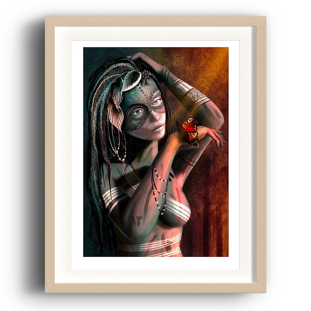 A digital painting by Lily Bourne printed on eco fine art paper titled Beauty: Behind The Mask showing a tattooed decorated lady wearing a cracked mask with a butterfly on her hand. The image is set in a beech coloured picture frame.