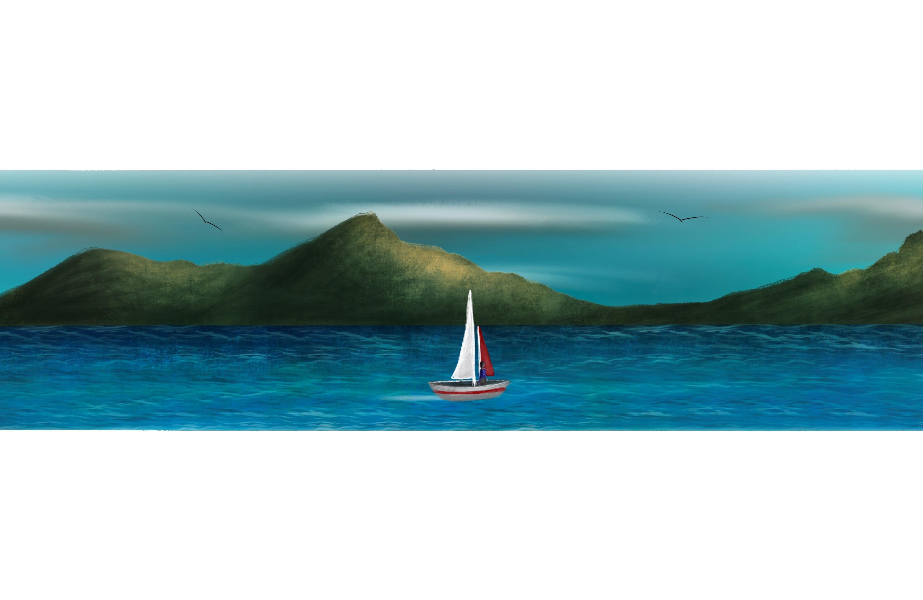 A digital painting by Lily Bourne printed on eco fine art paper titled Just Breath 1.2 showing a landshape view of a sail boat with one person sailing on open water with mountains behinds and birds flying above.