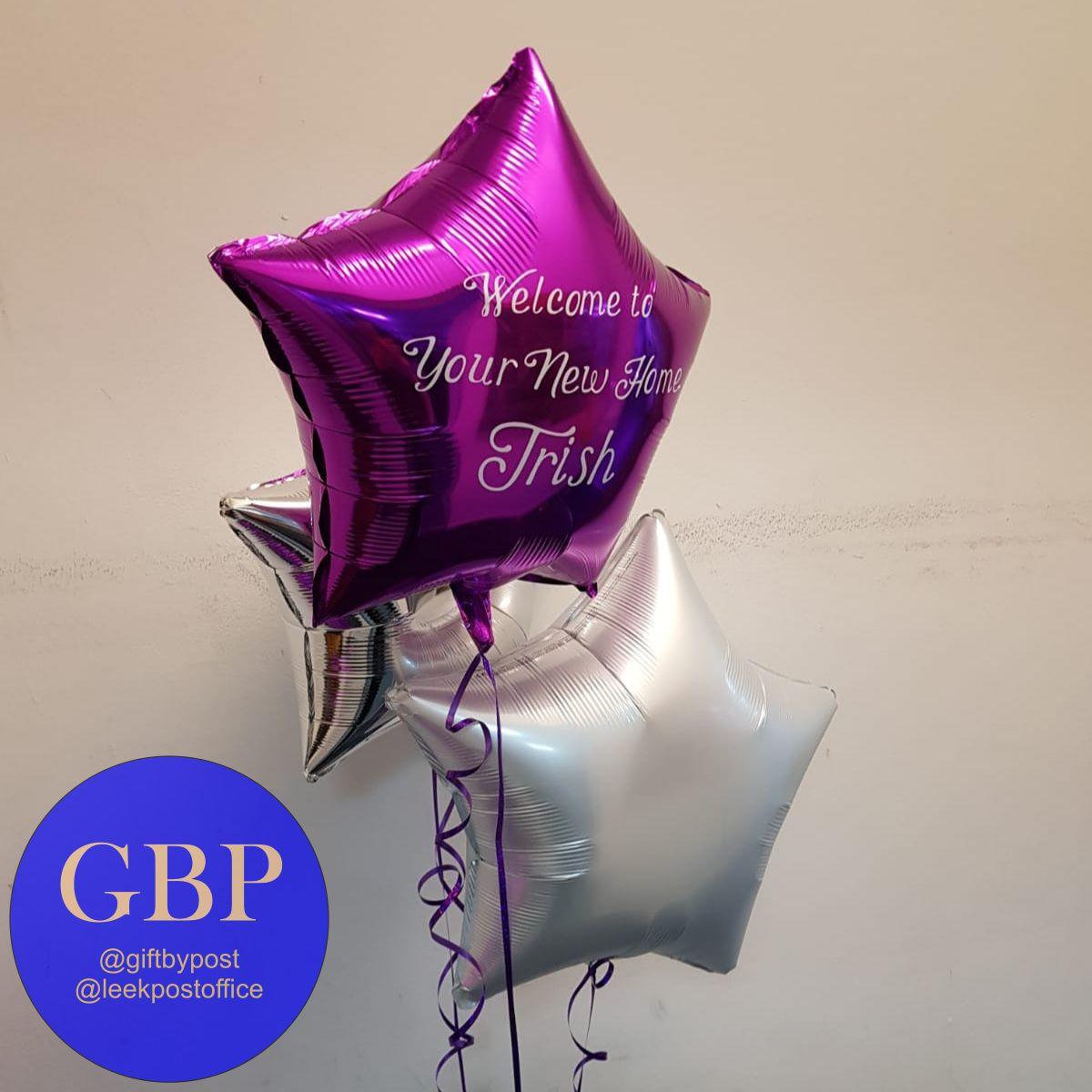 3 star balloons, personalised, purple silver and white