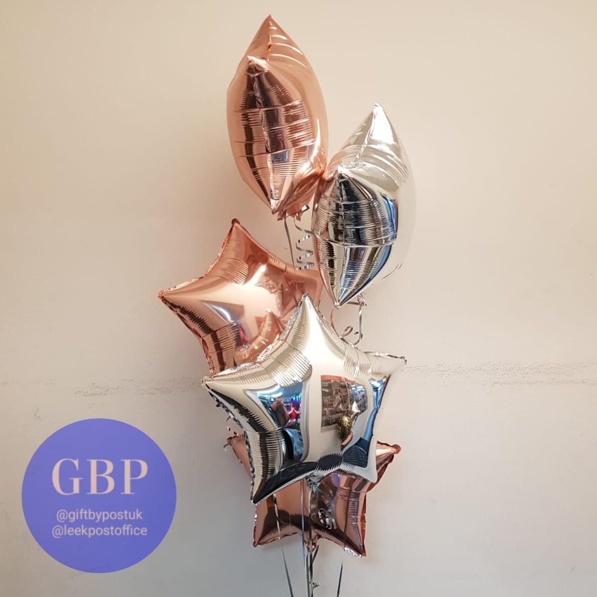 5 star balloons, rose gold and silver