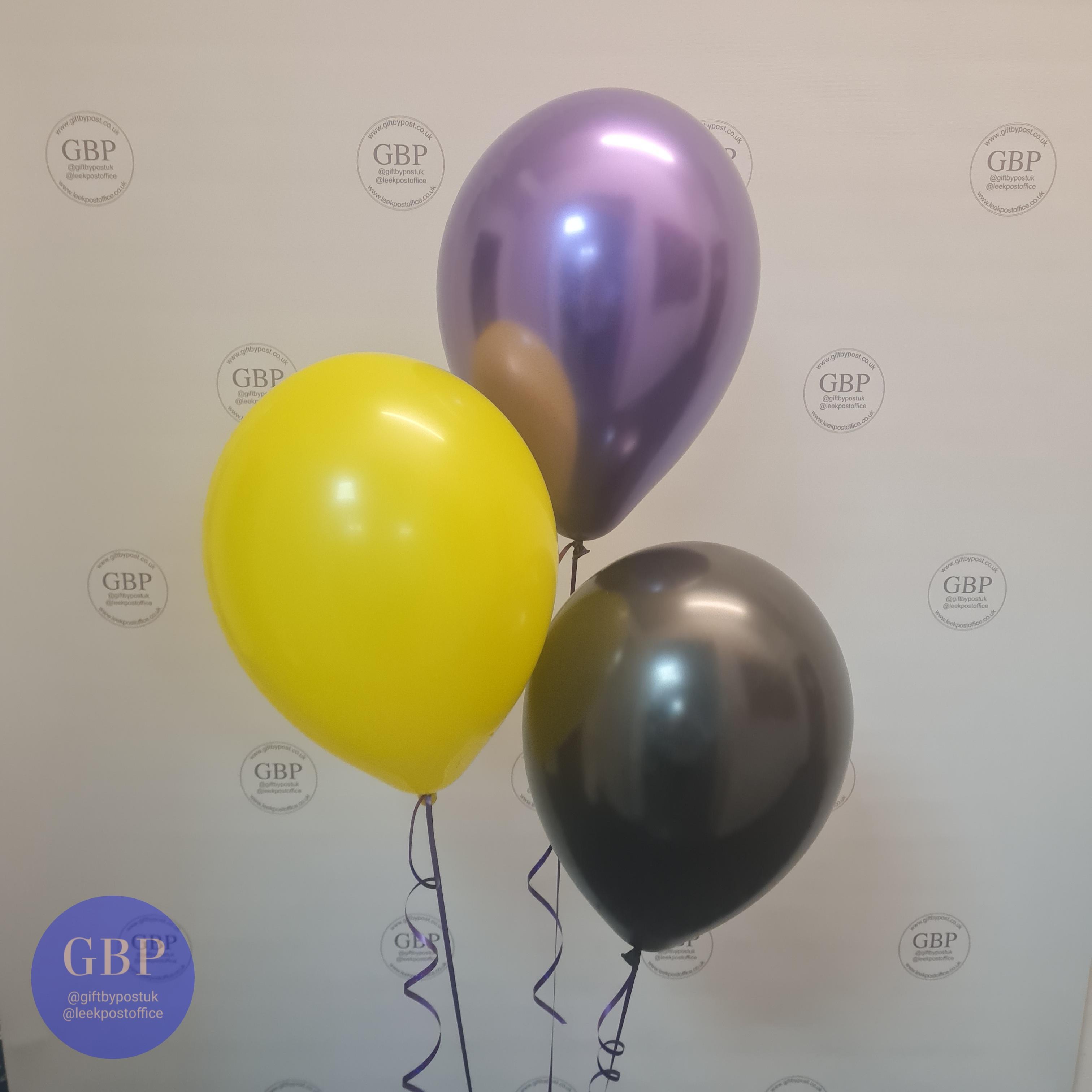 3 Latex balloon bouquet, purple, yellow and black