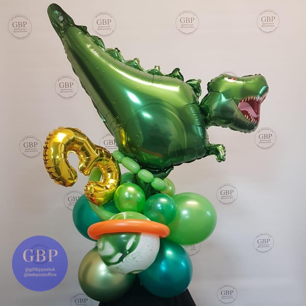 T-Rex balloon on a base with number attached