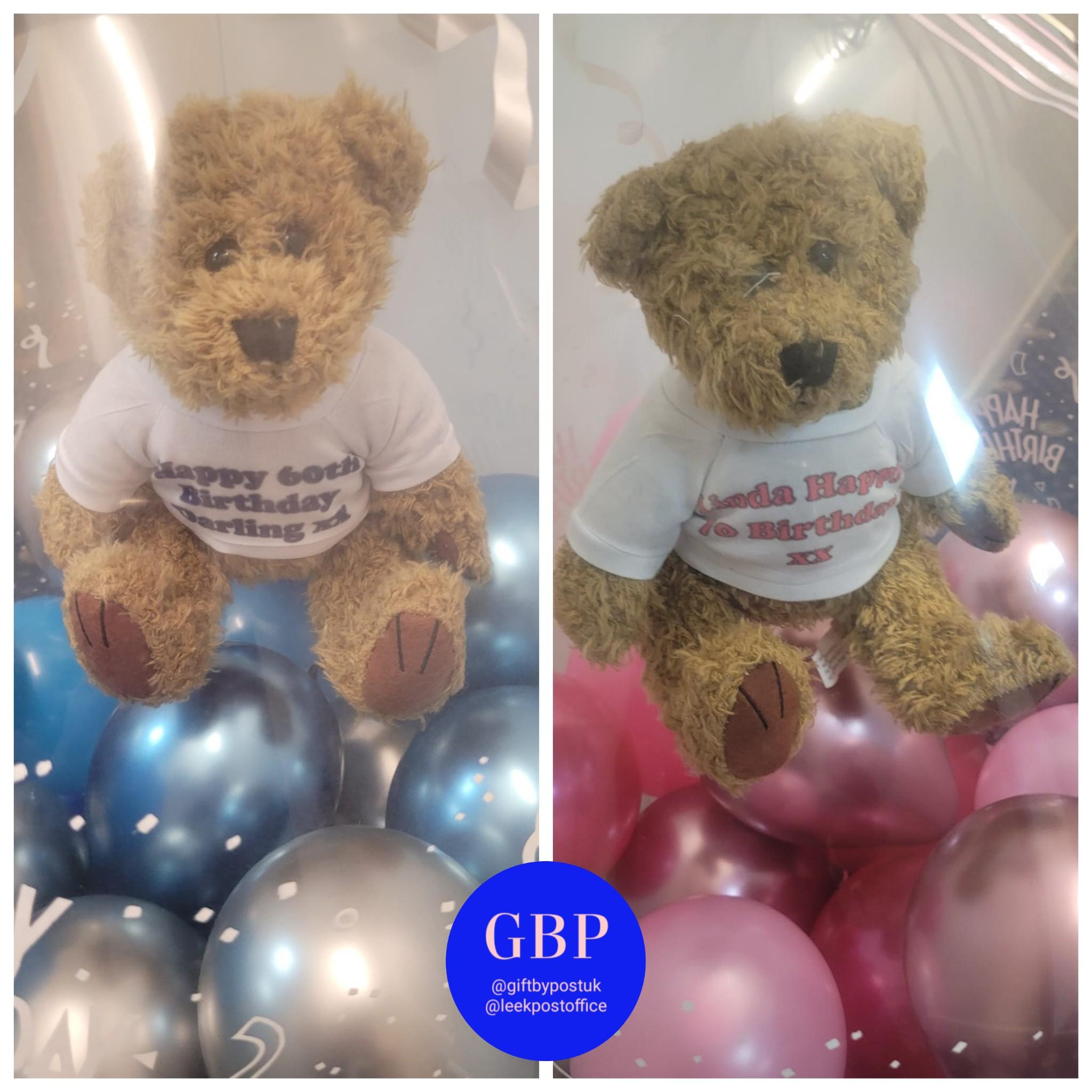 Teddy in a balloon, Happy Birthday, Blue and Pink